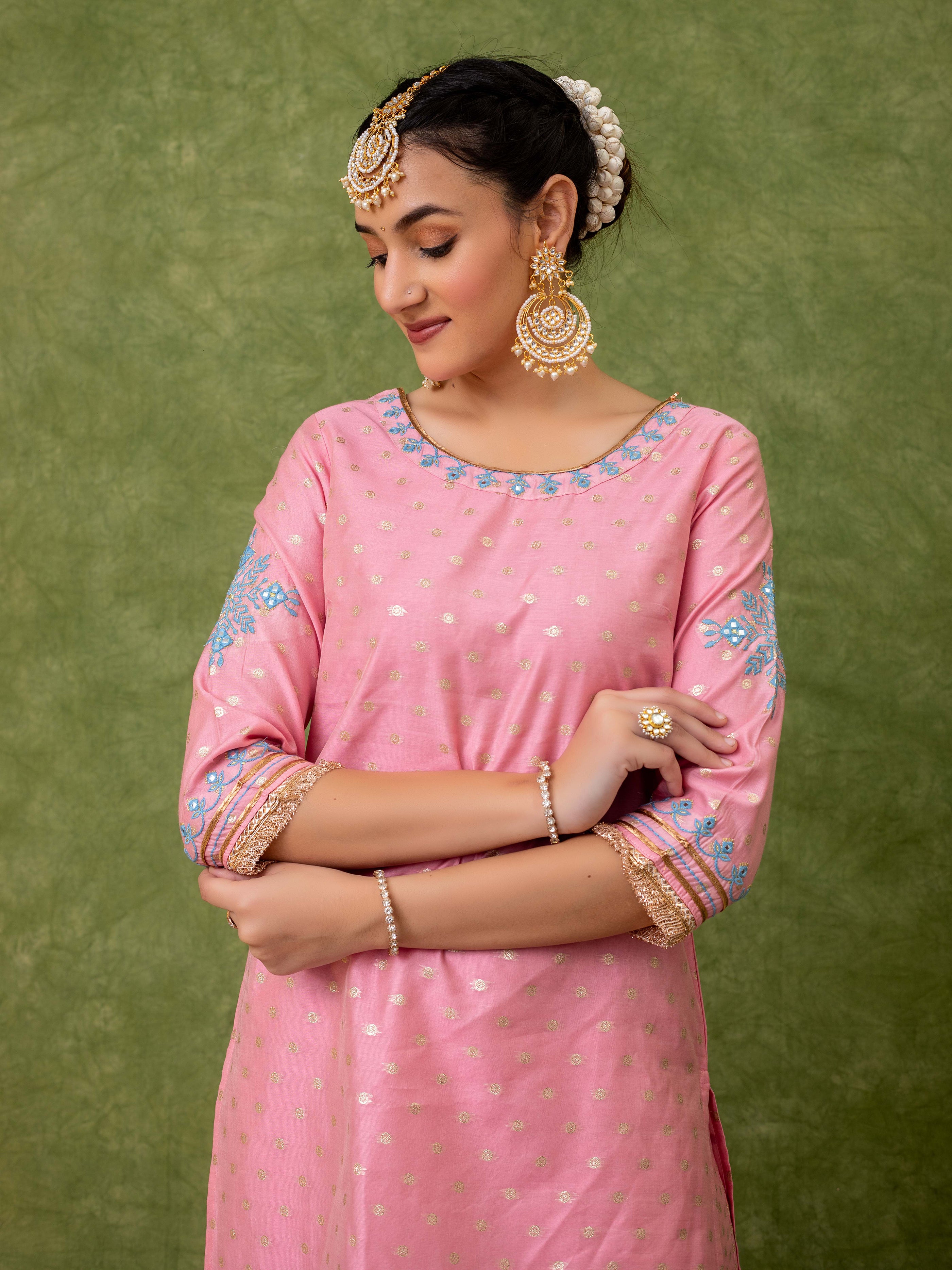 Pink Jacquard Embroidered Straight Kurti with Sharara Paired with Dupatta