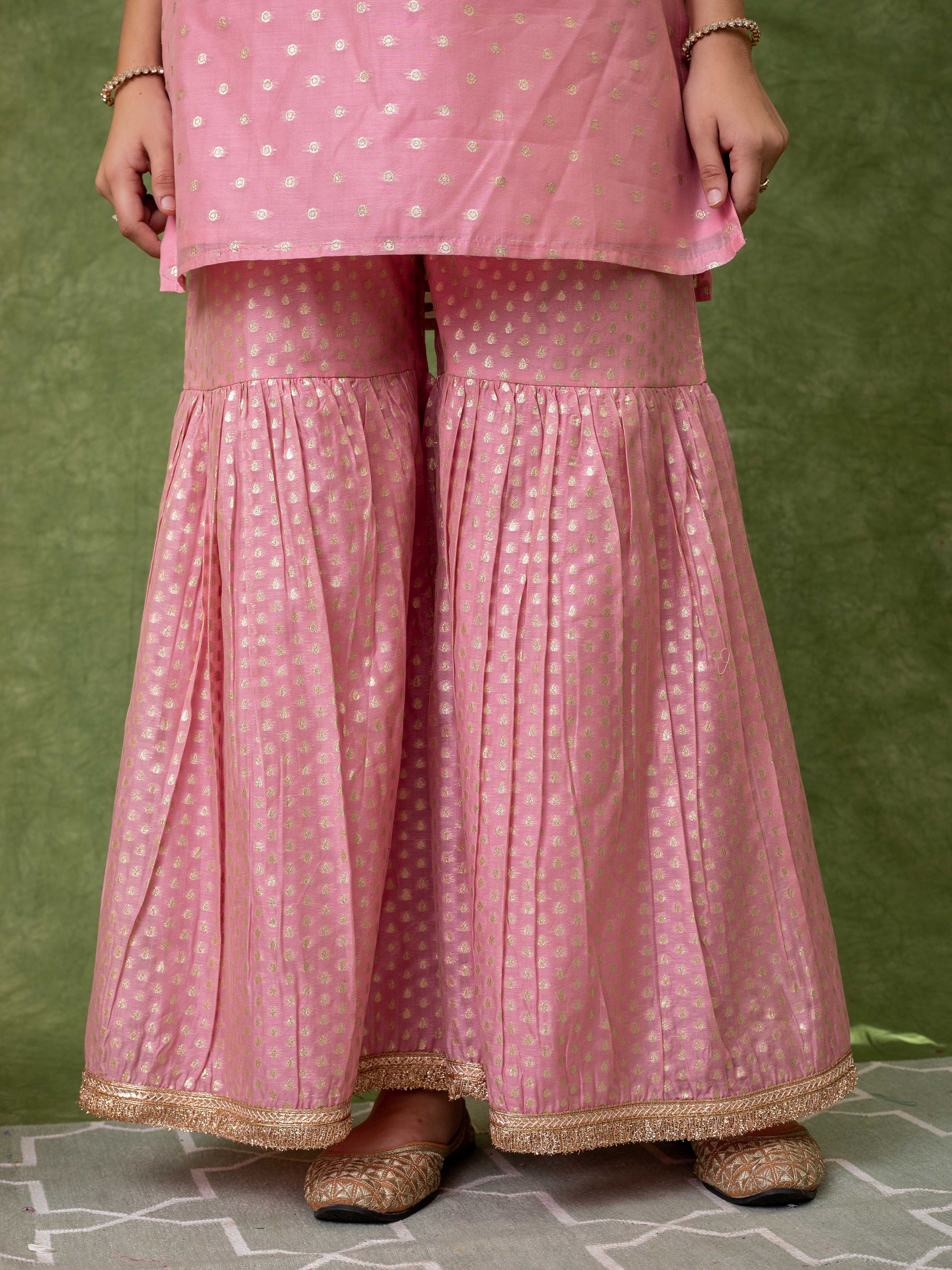 Pink Jacquard Embroidered Straight Kurti with Sharara Paired with Dupatta