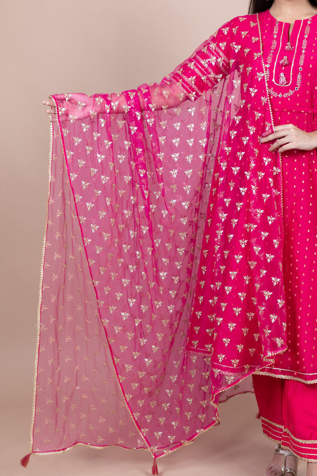 Magenta & Gold-Toned Ethnic Motifs Embroidered Dupatta