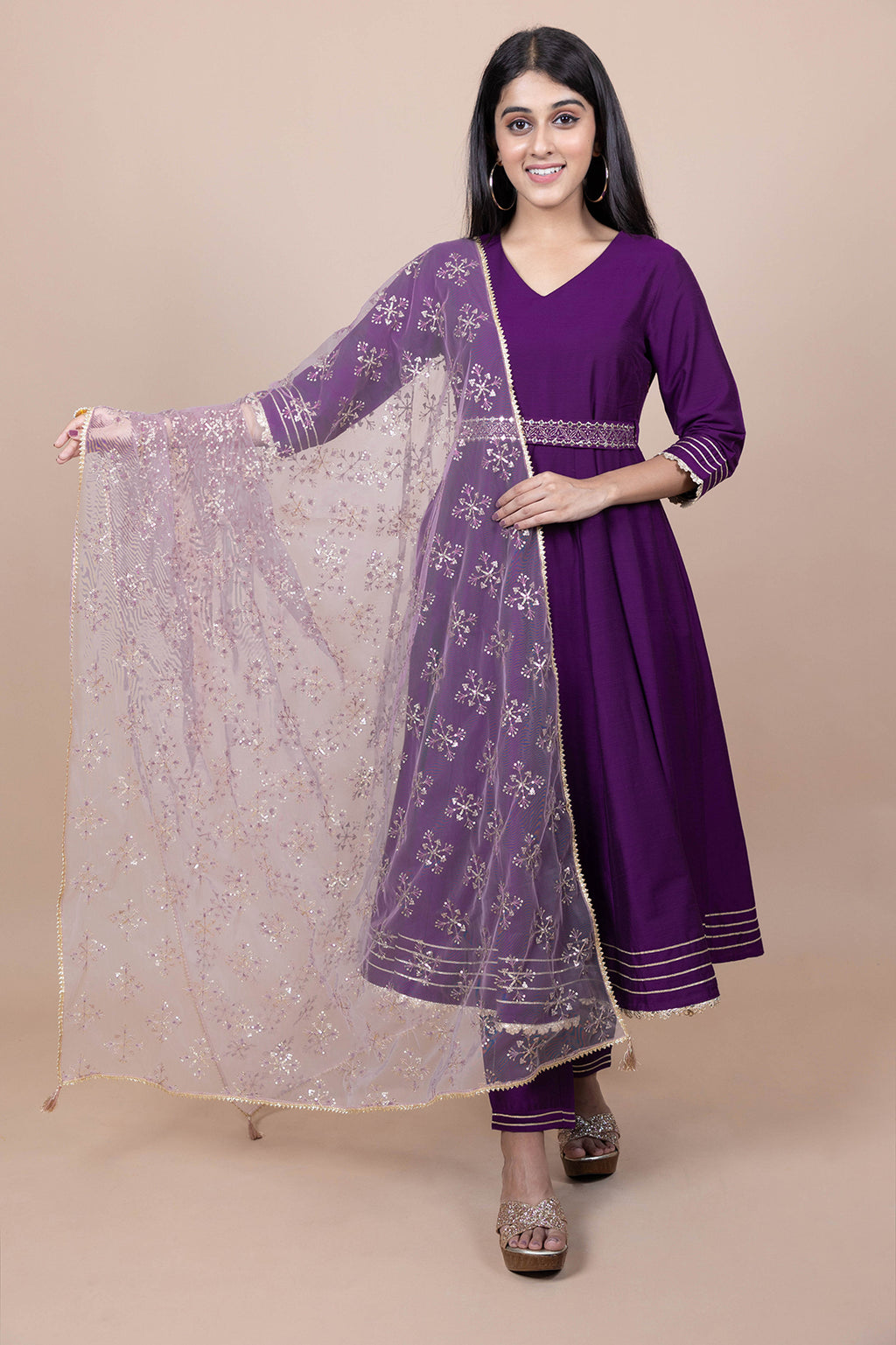 Purple & Gold-Toned Ethnic Motifs Embroidered Gotta Patti Dupatta