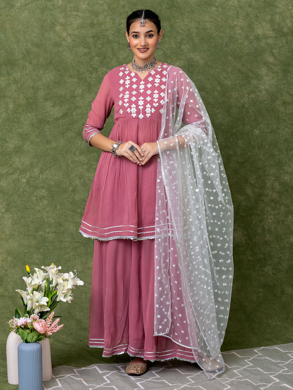 Lavender Embroidered Kurti with Gathers and Flared Palazo Paired with Dupatta