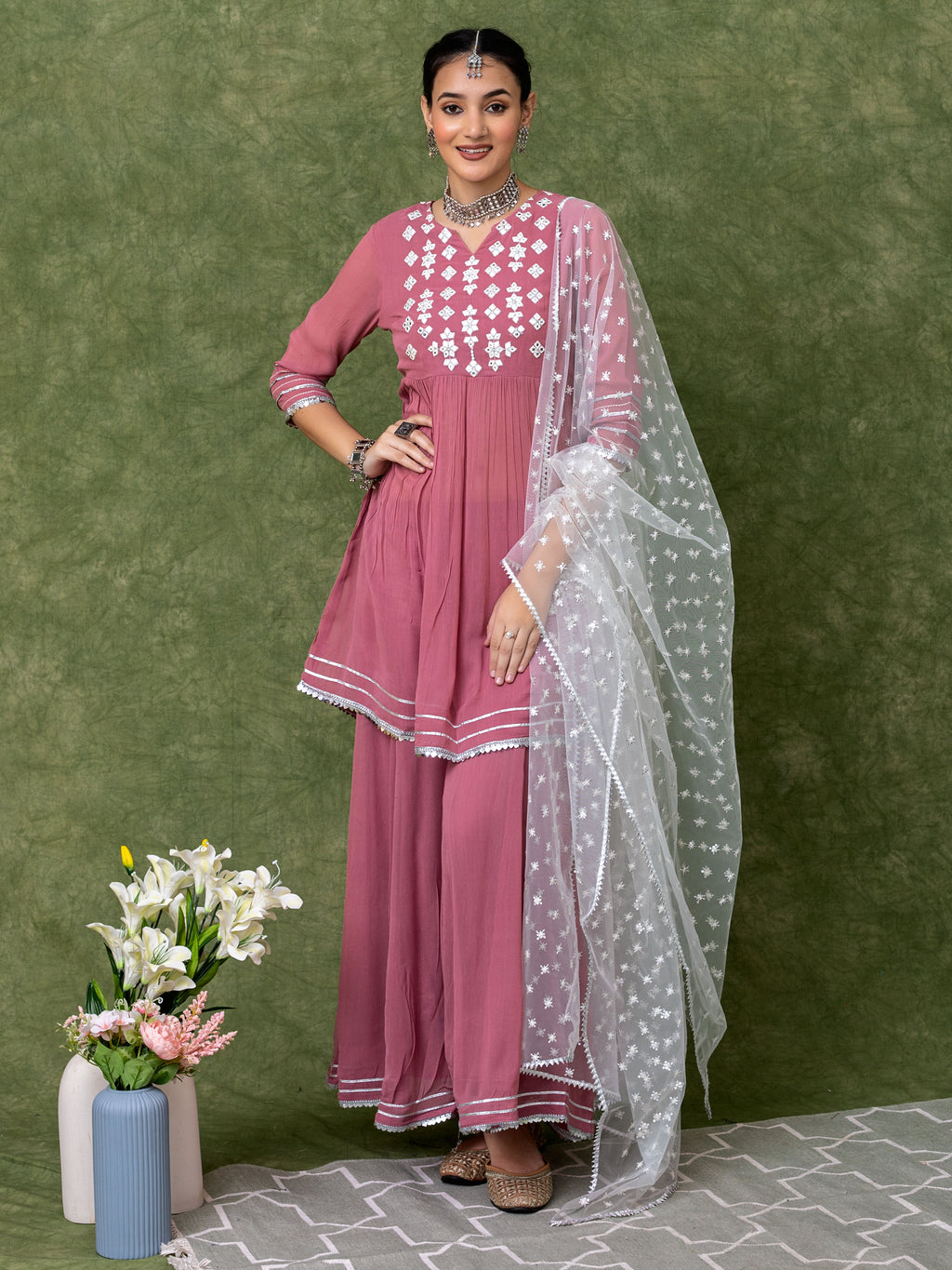 Lavender Embroidered Kurti with Gathers and Flared Palazo Paired with Dupatta