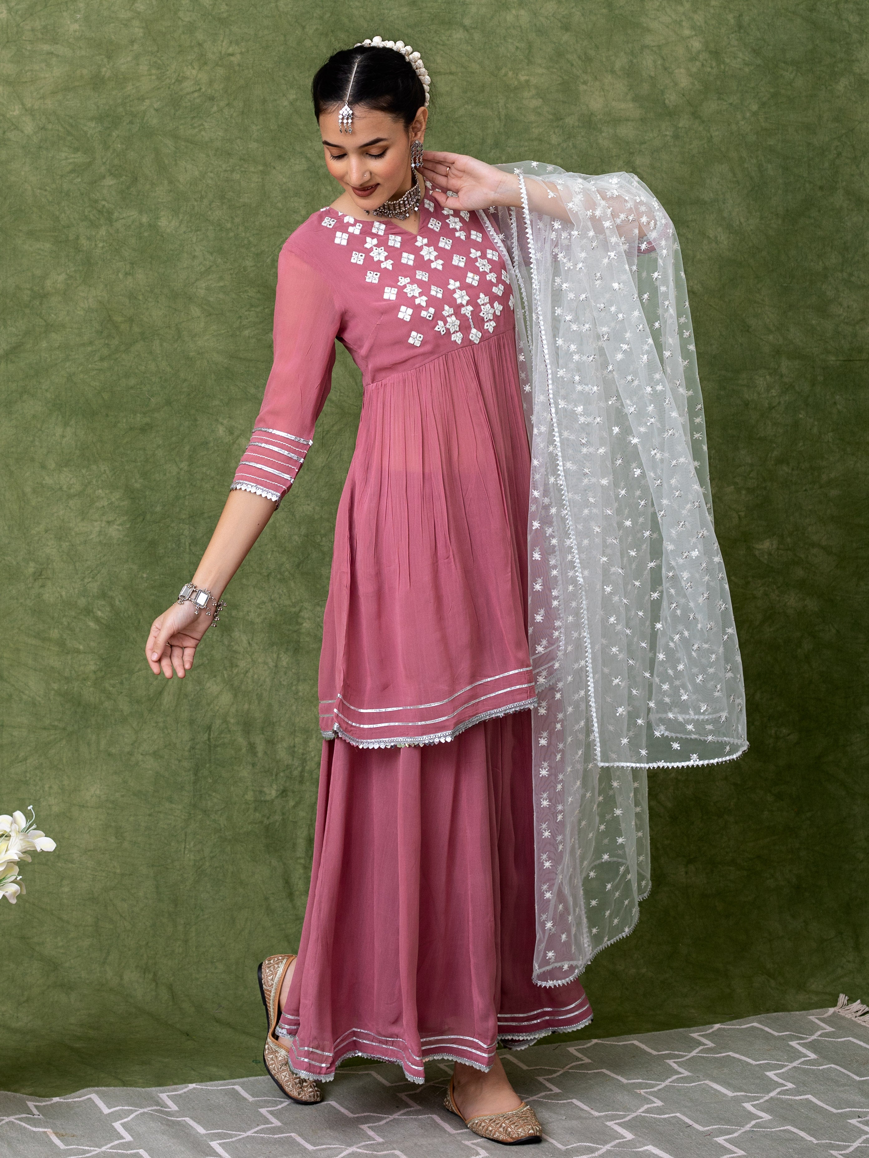 Lavender Embroidered Kurti with Gathers and Flared Palazo Paired with Dupatta