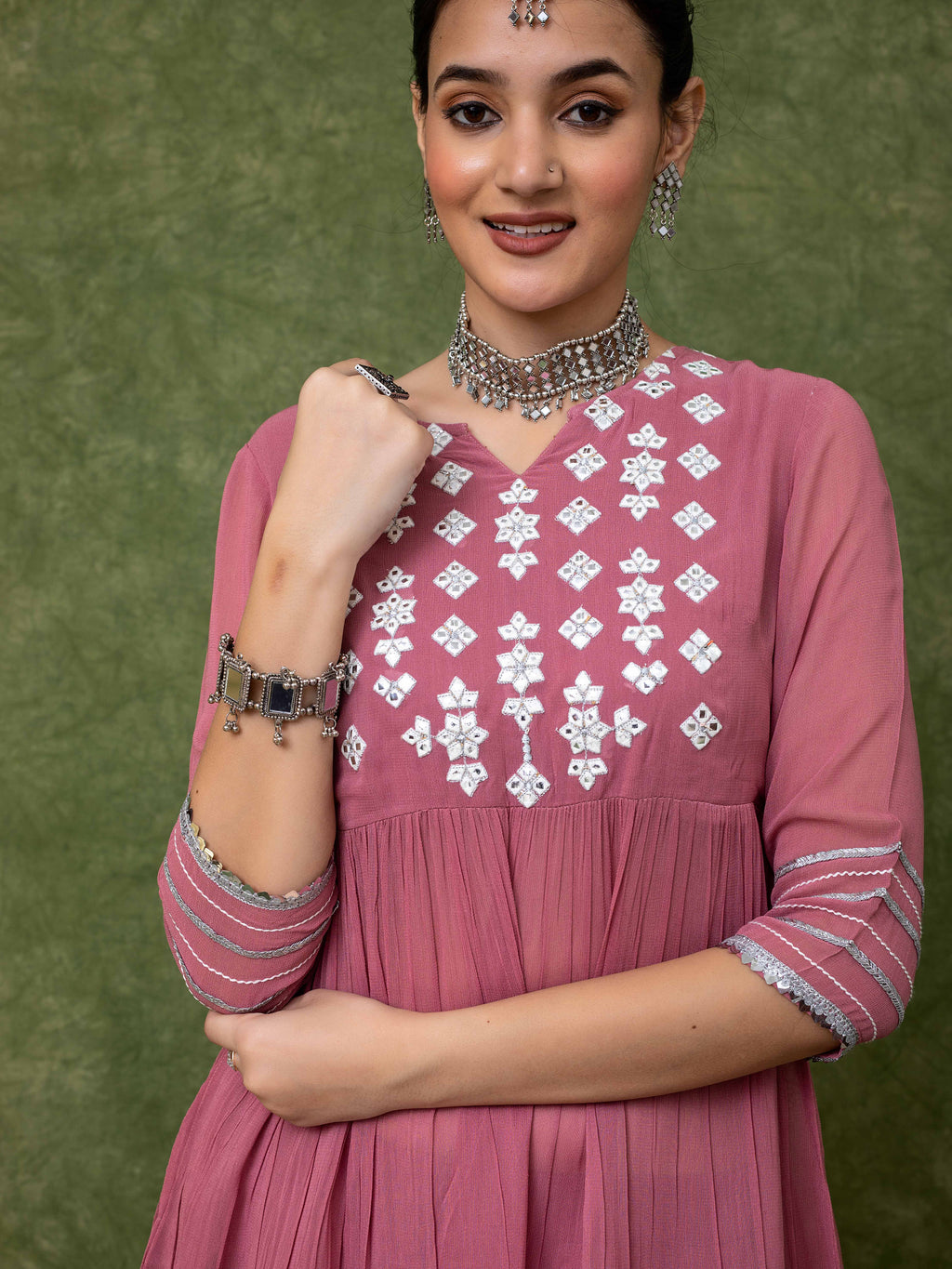 Lavender Embroidered Kurti with Gathers and Flared Palazo Paired with Dupatta