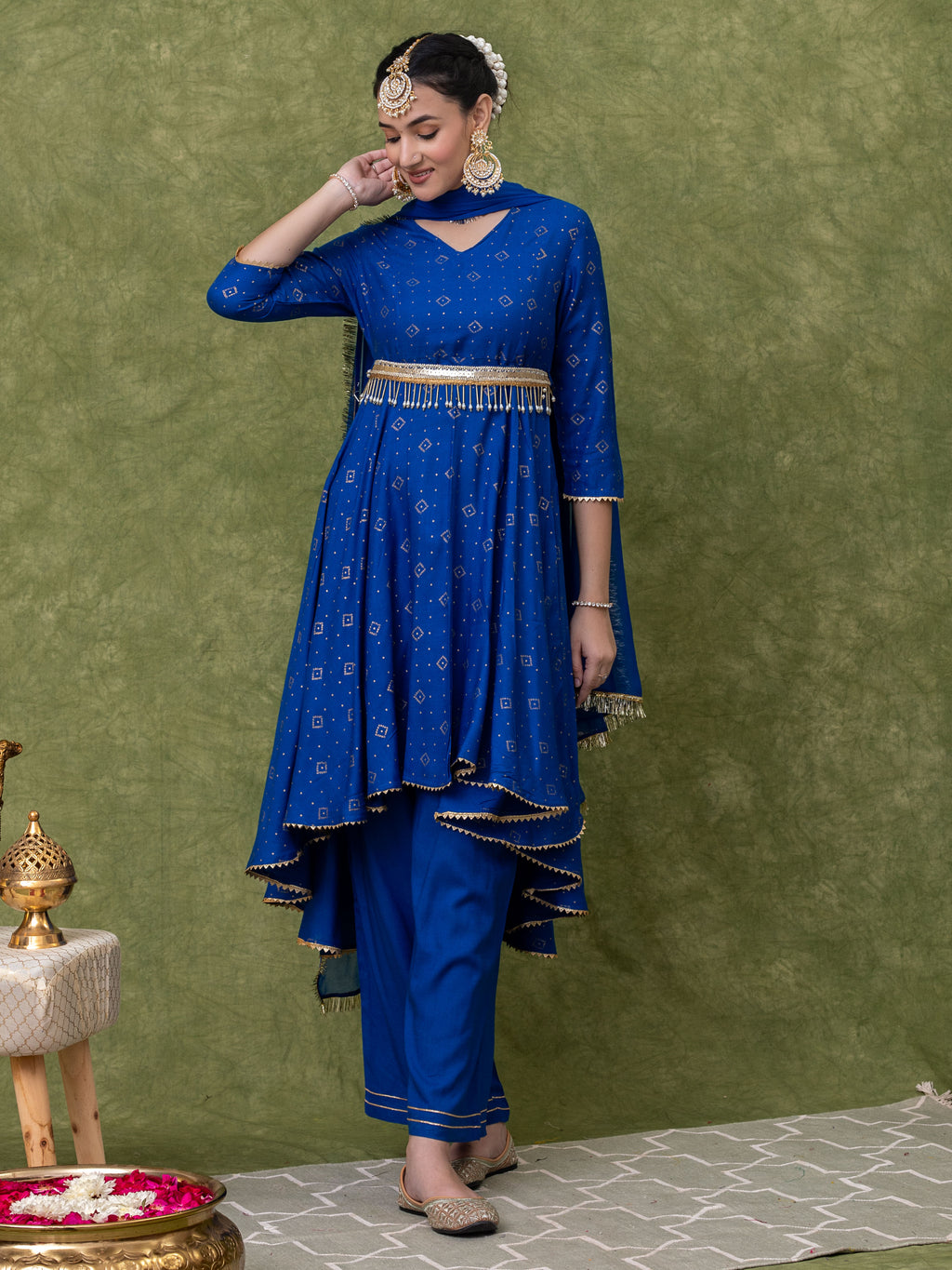 Blue Gold Printed V neck Flared Kurti with High-low Hem And Staright Pant Paired with Dupatta