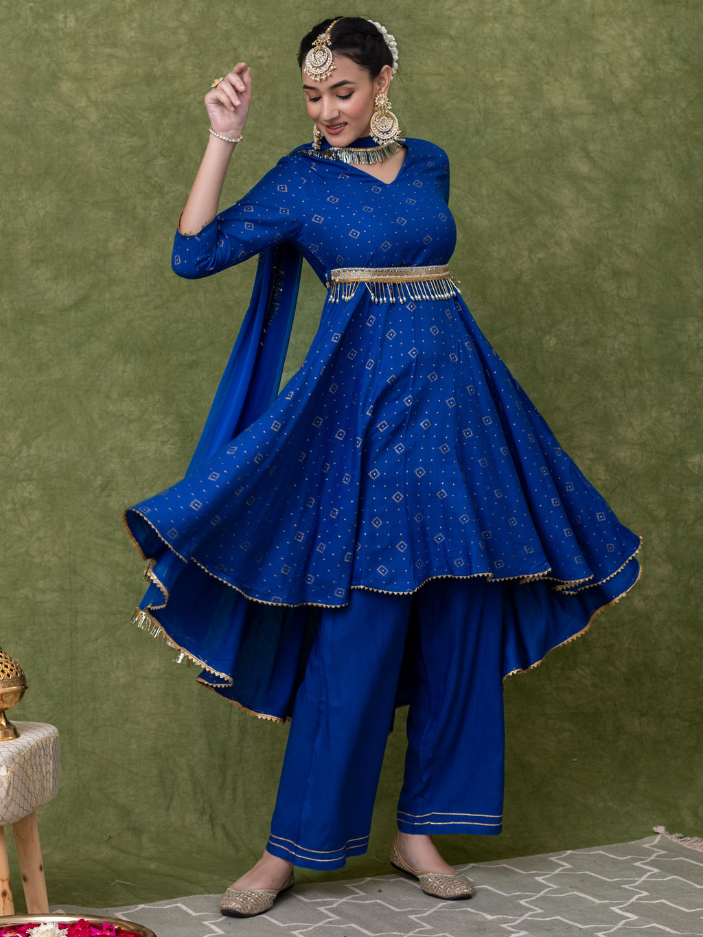 Blue Gold Printed V neck Flared Kurti with High-low Hem And Staright Pant Paired with Dupatta