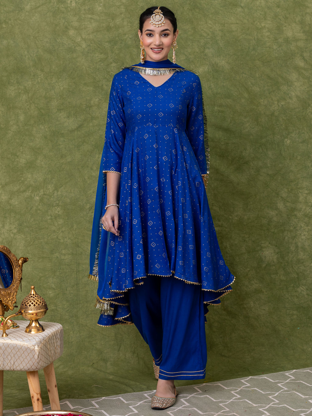 Blue Gold Printed V neck Flared Kurti with High-low Hem And Staright Pant Paired with Dupatta