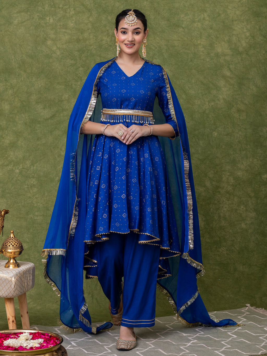 Blue Gold Printed V neck Flared Kurti with High-low Hem And Staright Pant Paired with Dupatta