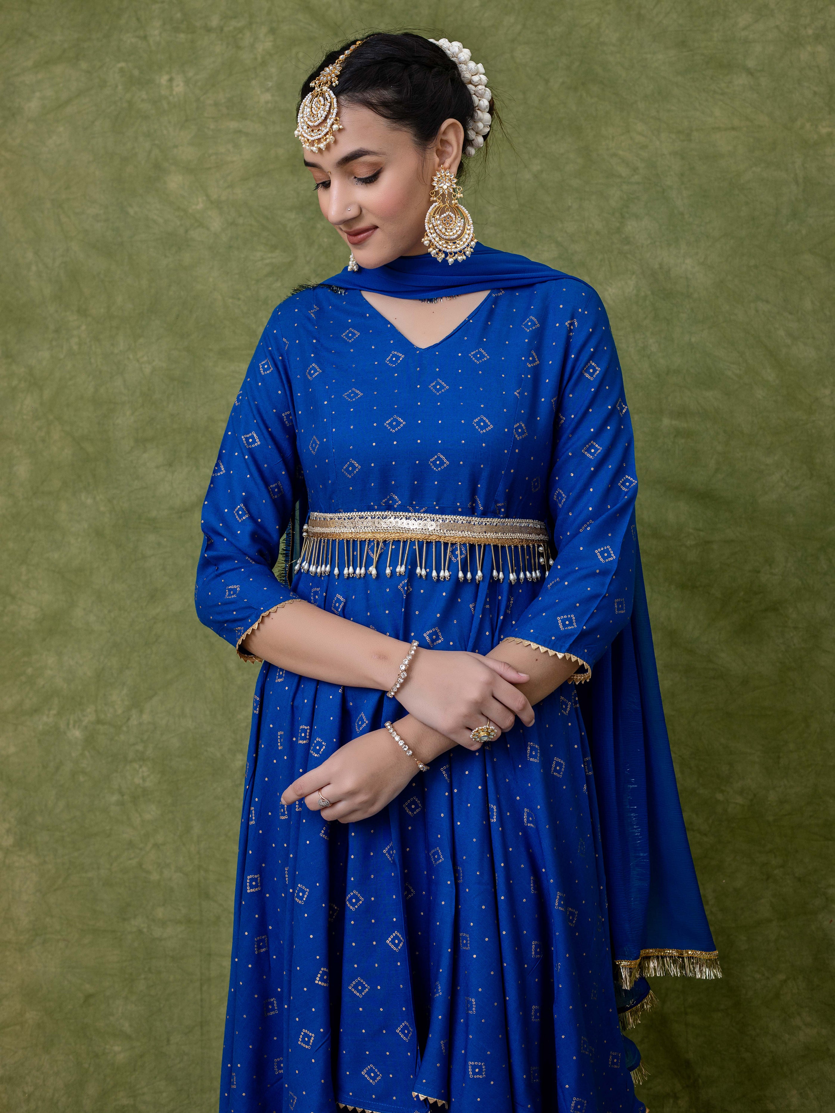 Blue Gold Printed V neck Flared Kurti with High-low Hem And Staright Pant Paired with Dupatta
