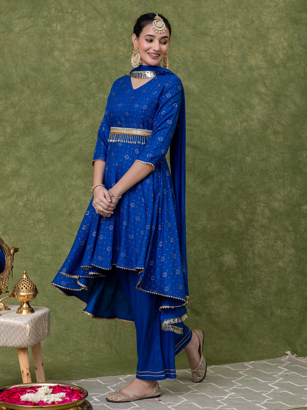 Blue Gold Printed V neck Flared Kurti with High-low Hem And Staright Pant Paired with Dupatta