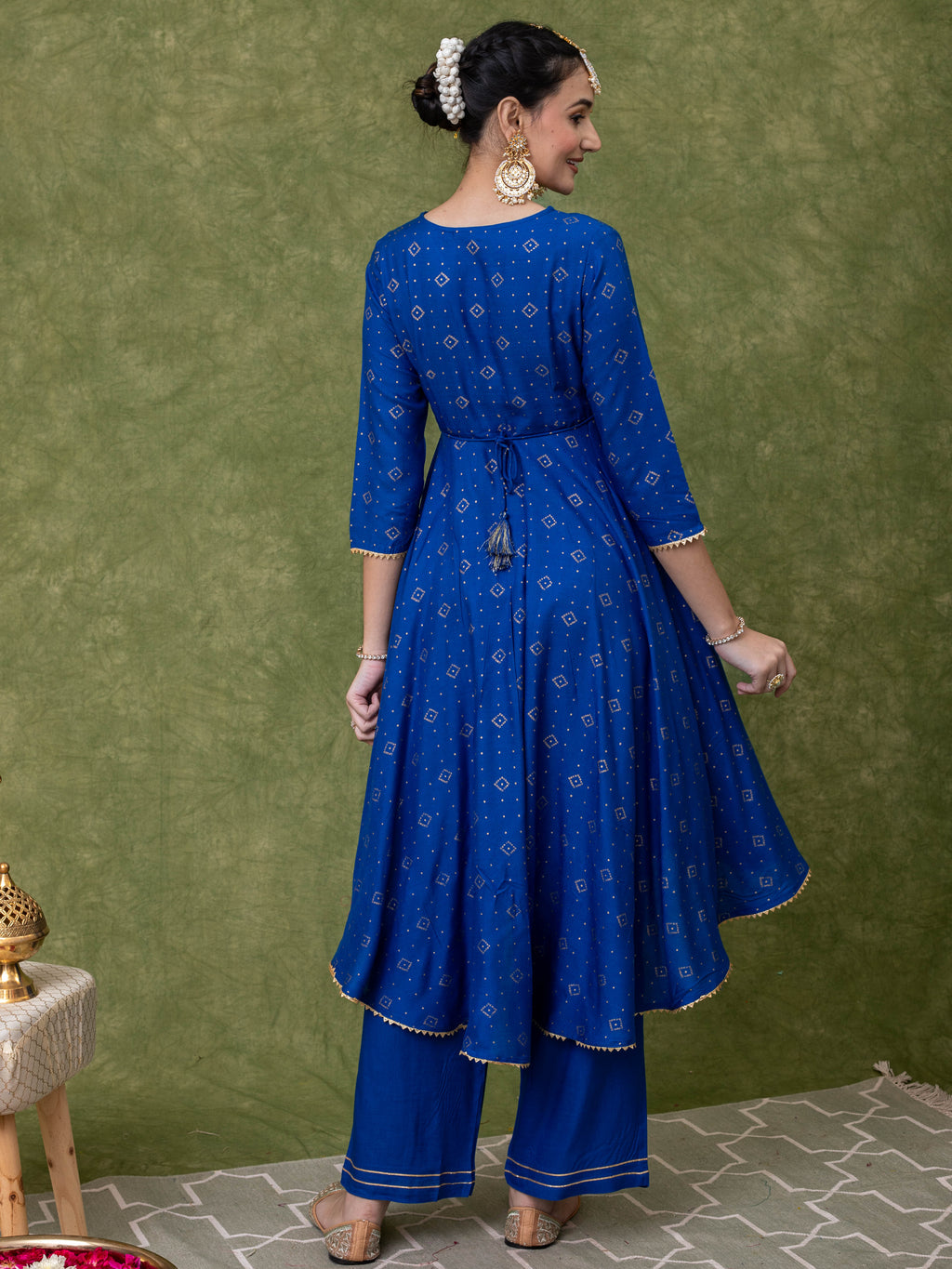 Blue Gold Printed V neck Flared Kurti with High-low Hem And Staright Pant Paired with Dupatta