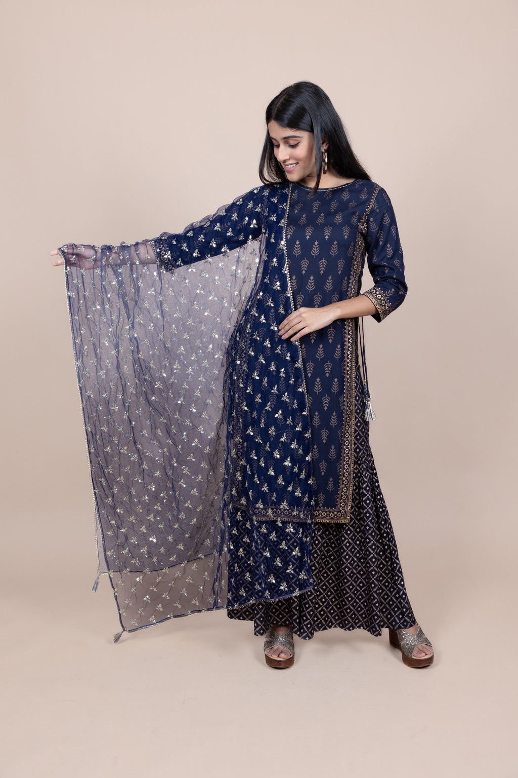 Navy Blue & Gold-Toned Ethnic Motifs Embroidered Dupatta