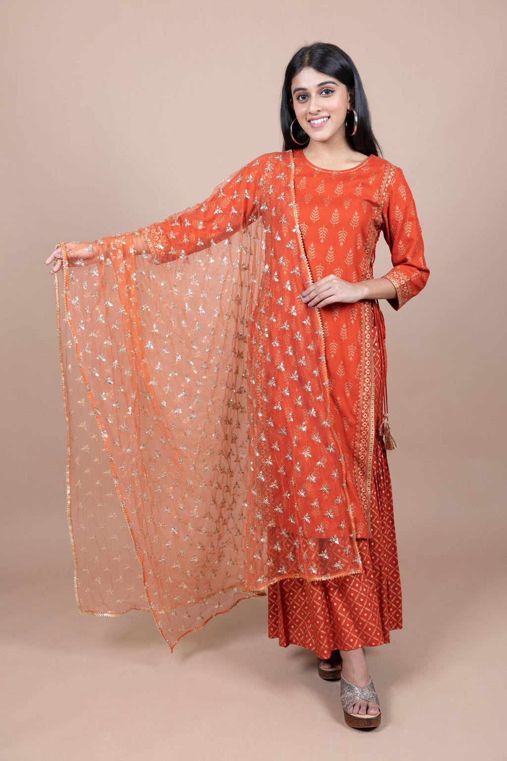 Orange & Gold-Toned Ethnic Motifs Embroidered Dupatta