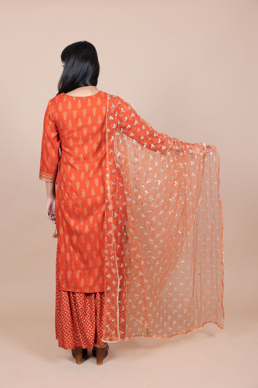 Orange & Gold-Toned Ethnic Motifs Embroidered Dupatta