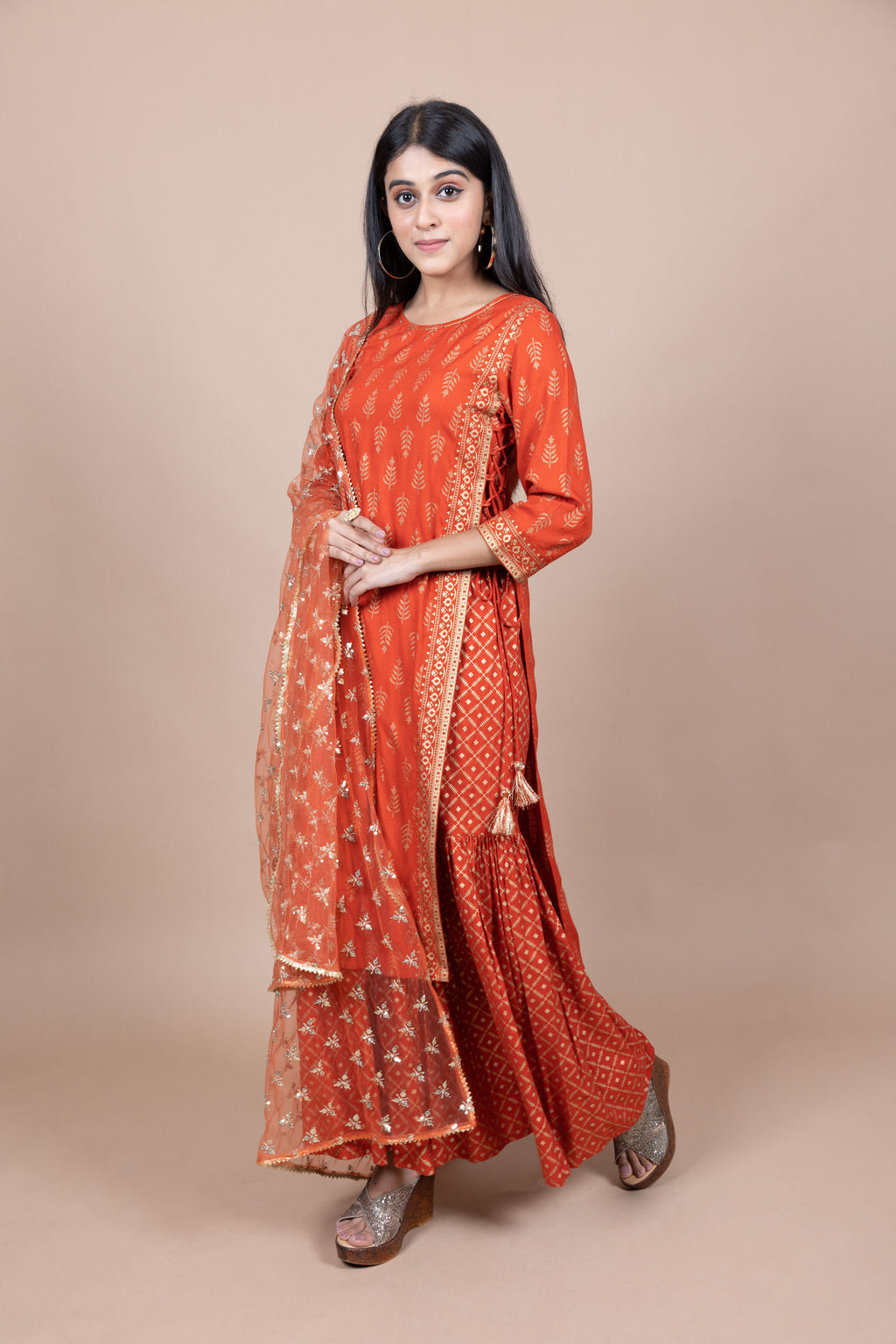 Orange & Gold-Toned Ethnic Motifs Embroidered Dupatta