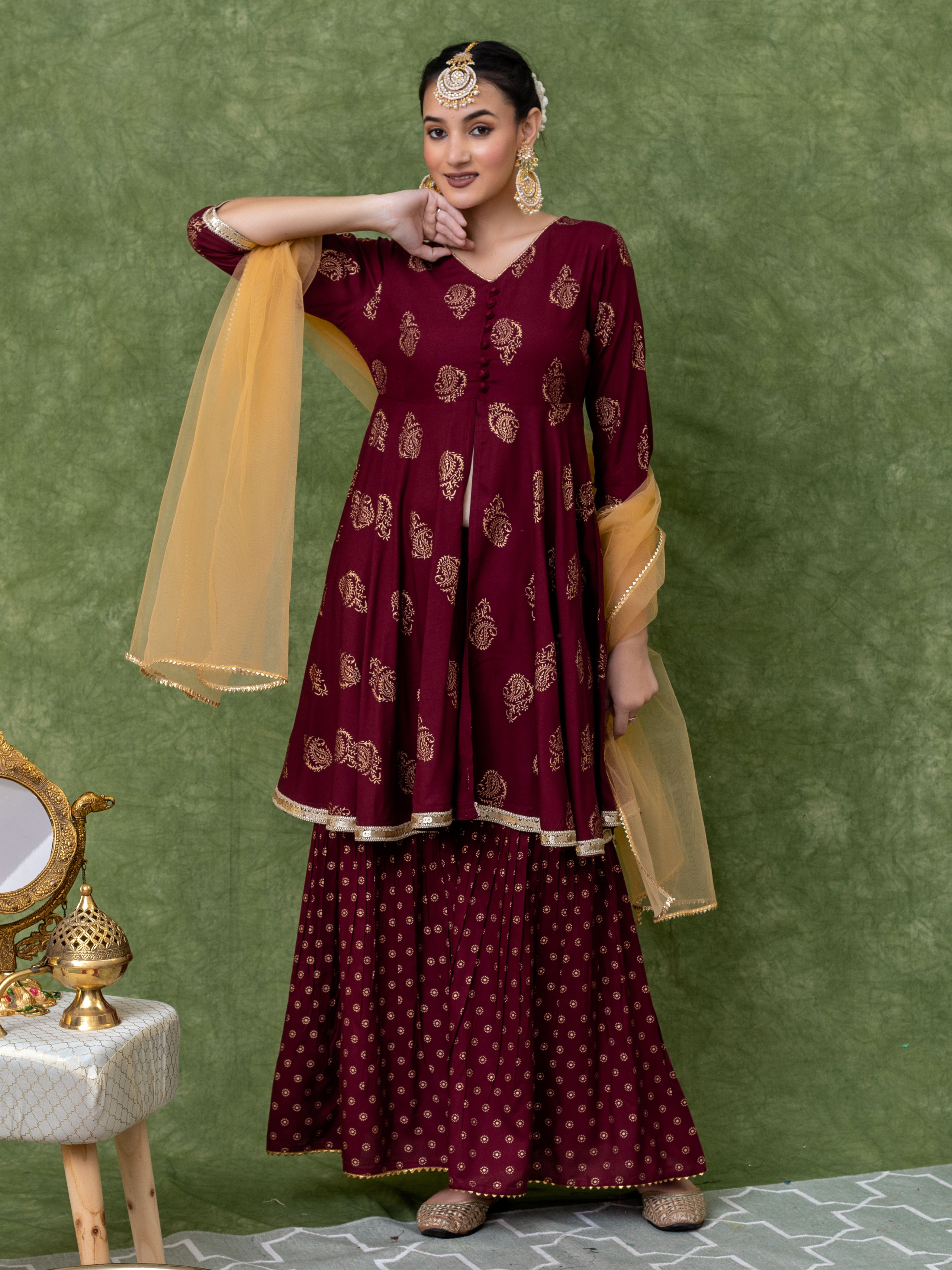 Maroon Gold Printed V Neck Flared Kurti With Mid-Cut and Sharara Paired with Dupatta