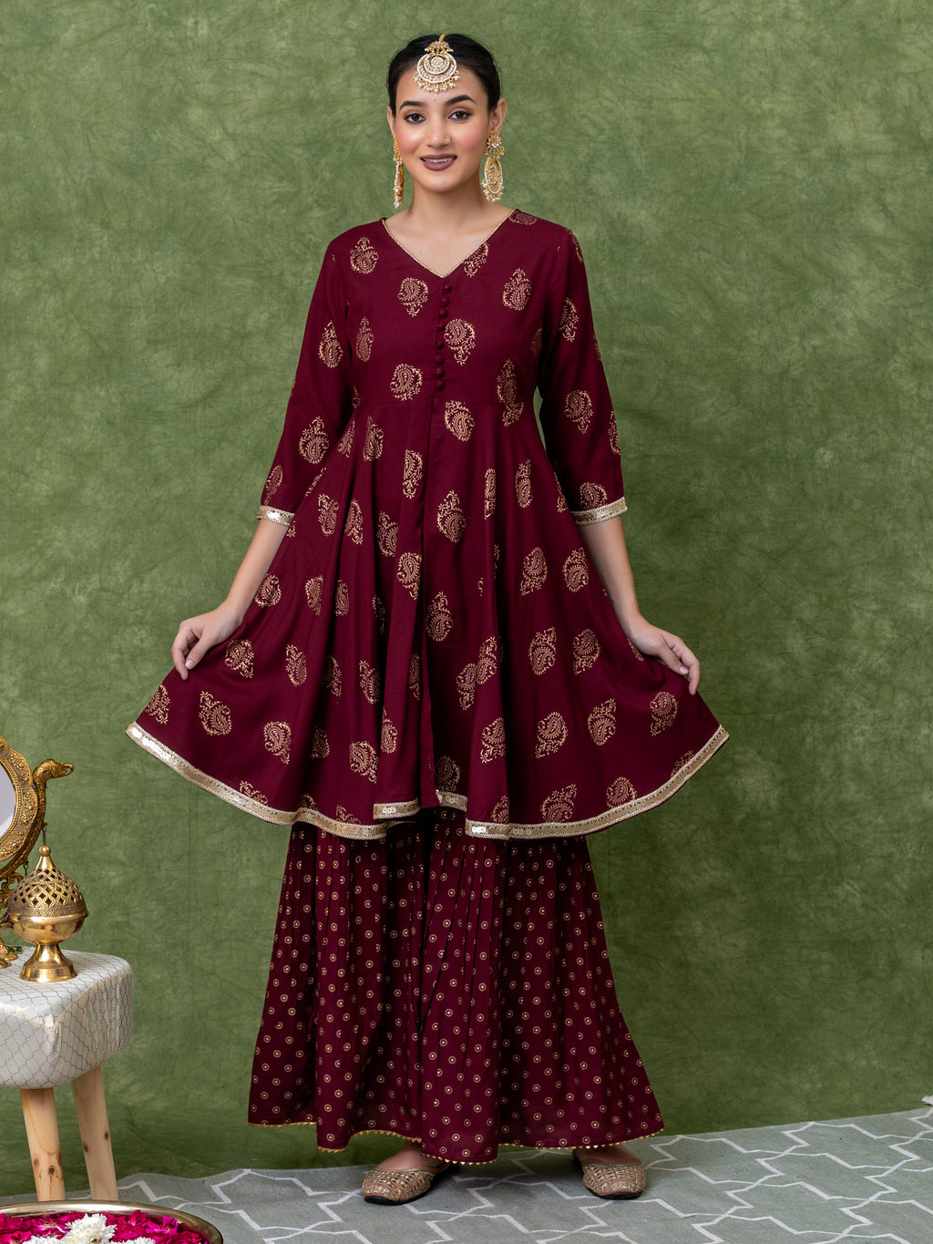 Maroon Gold Printed V Neck Flared Kurti With Mid-Cut and Sharara Paired with Dupatta