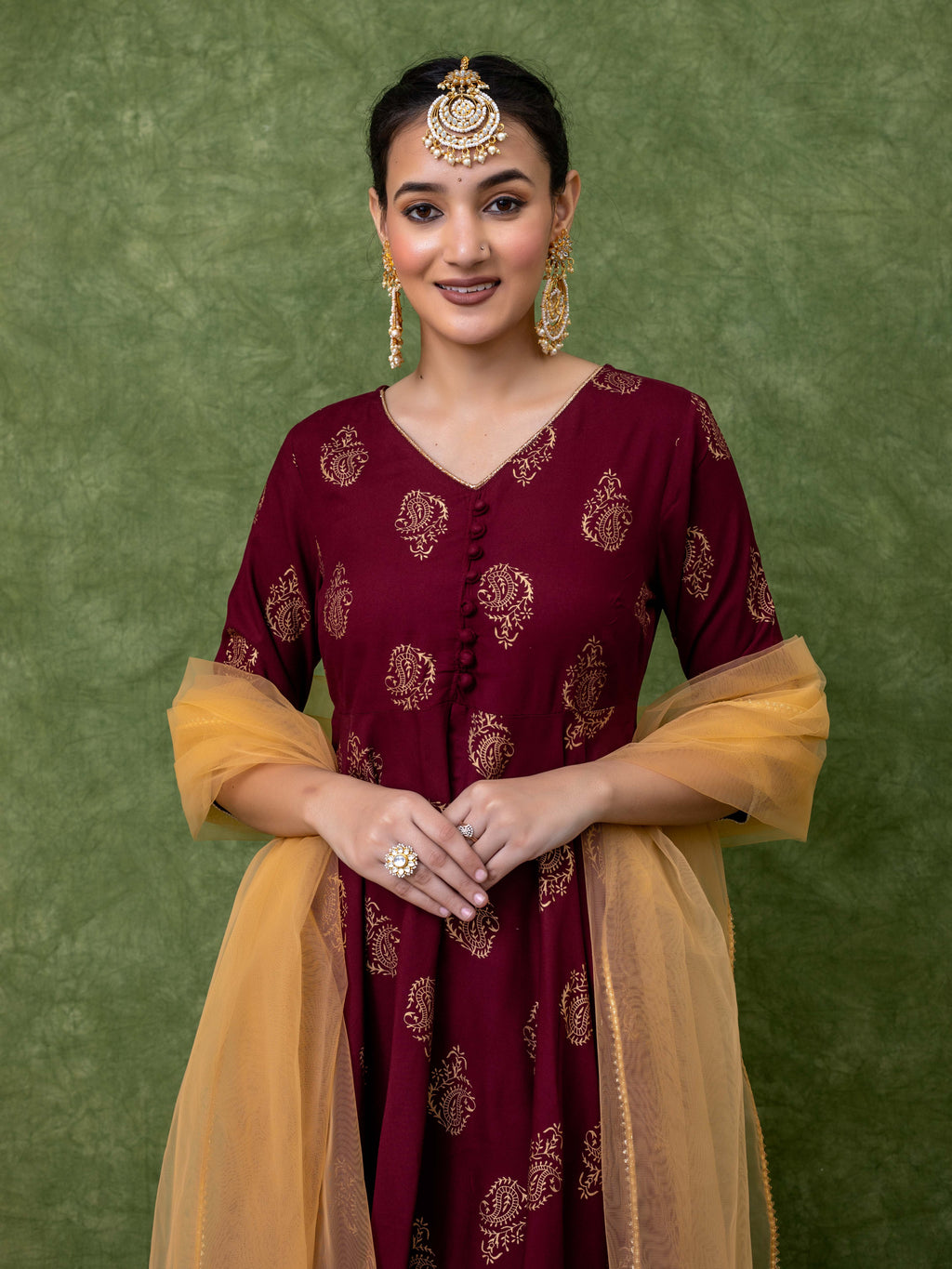 Maroon Gold Printed V Neck Flared Kurti With Mid-Cut and Sharara Paired with Dupatta