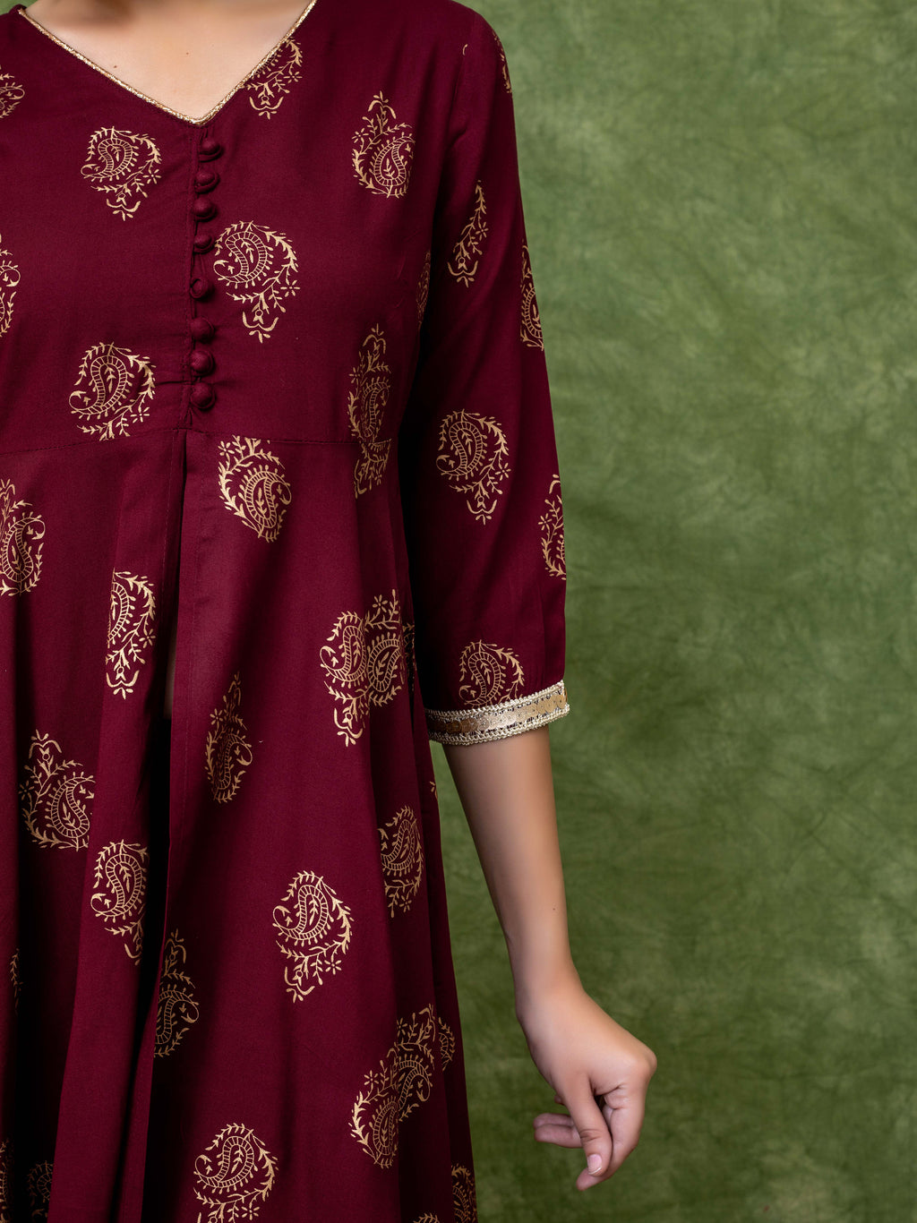 Maroon Gold Printed V Neck Flared Kurti With Mid-Cut and Sharara Paired with Dupatta