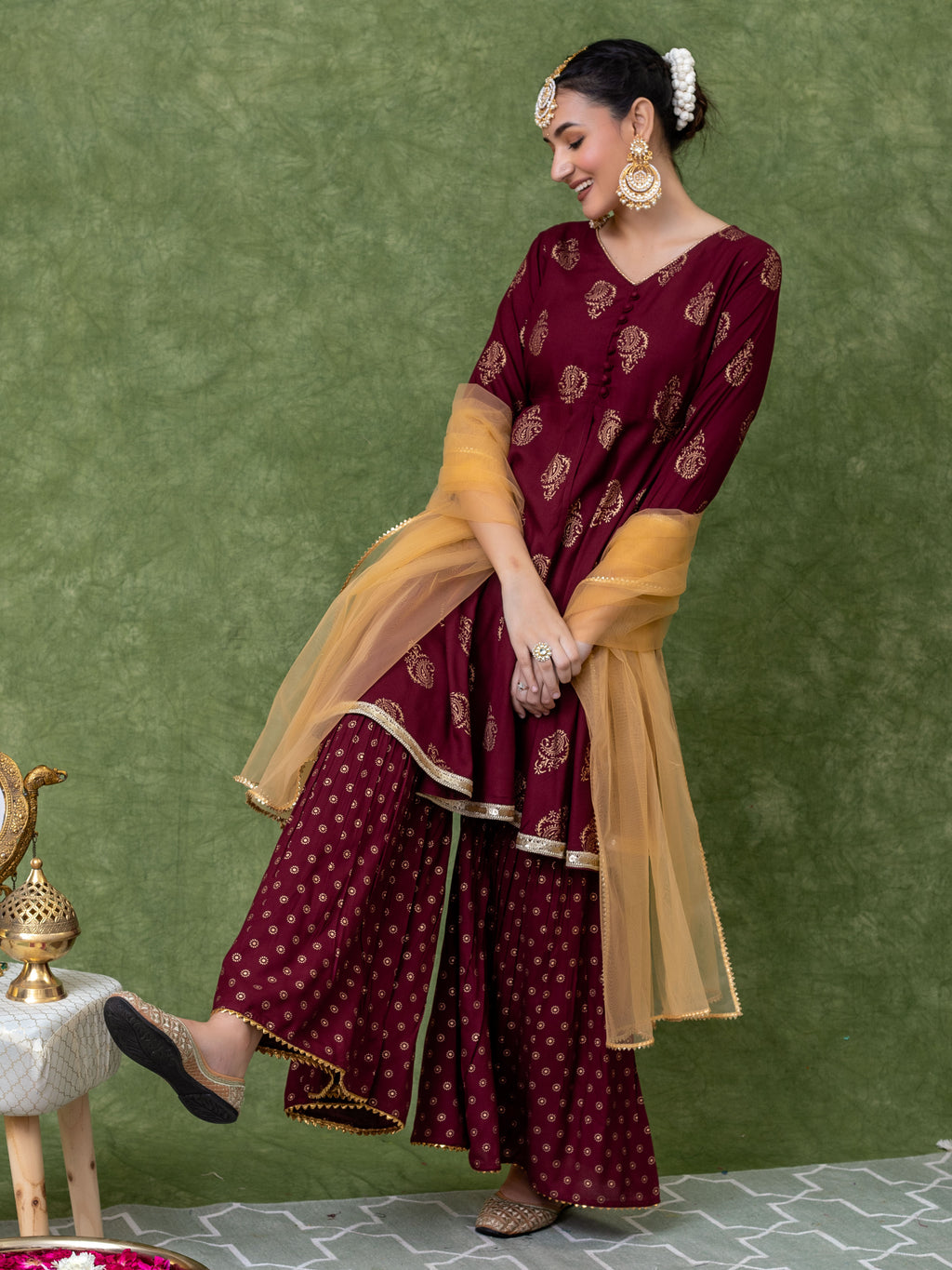 Maroon Gold Printed V Neck Flared Kurti With Mid-Cut and Sharara Paired with Dupatta