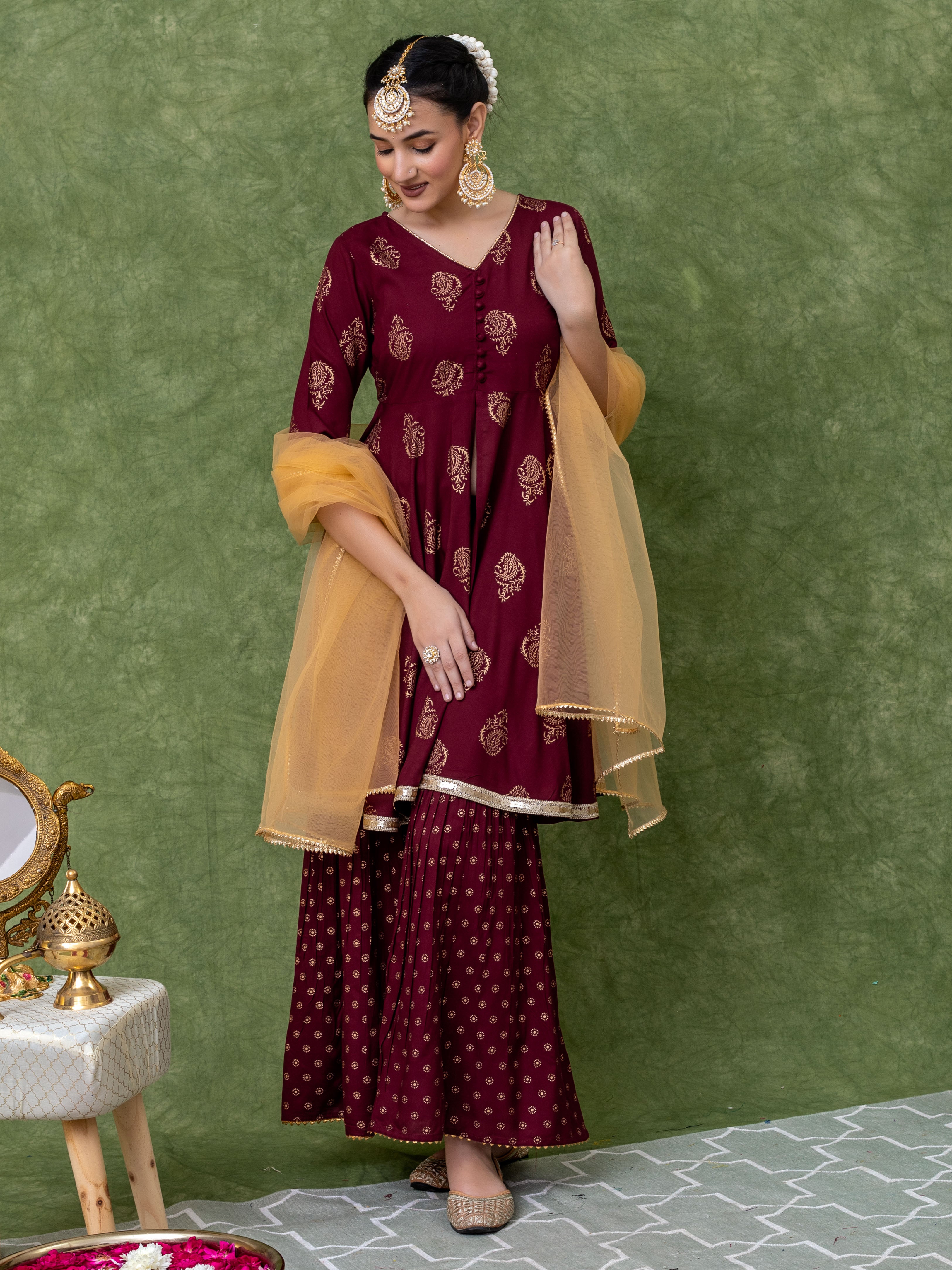 Maroon Gold Printed V Neck Flared Kurti With Mid-Cut and Sharara Paired with Dupatta