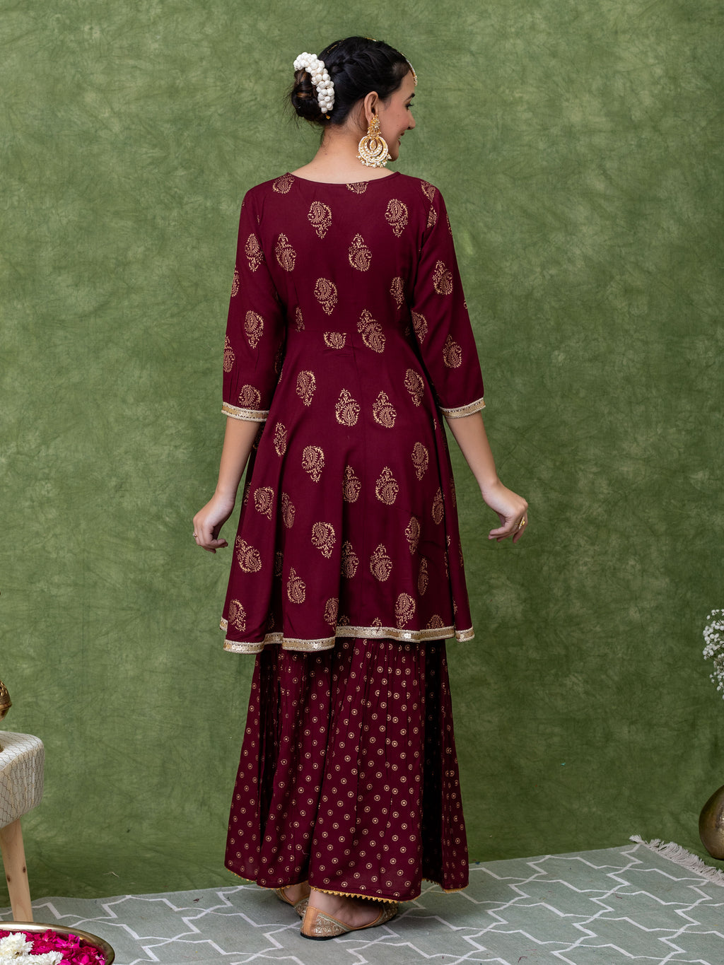 Maroon Gold Printed V Neck Flared Kurti With Mid-Cut and Sharara Paired with Dupatta