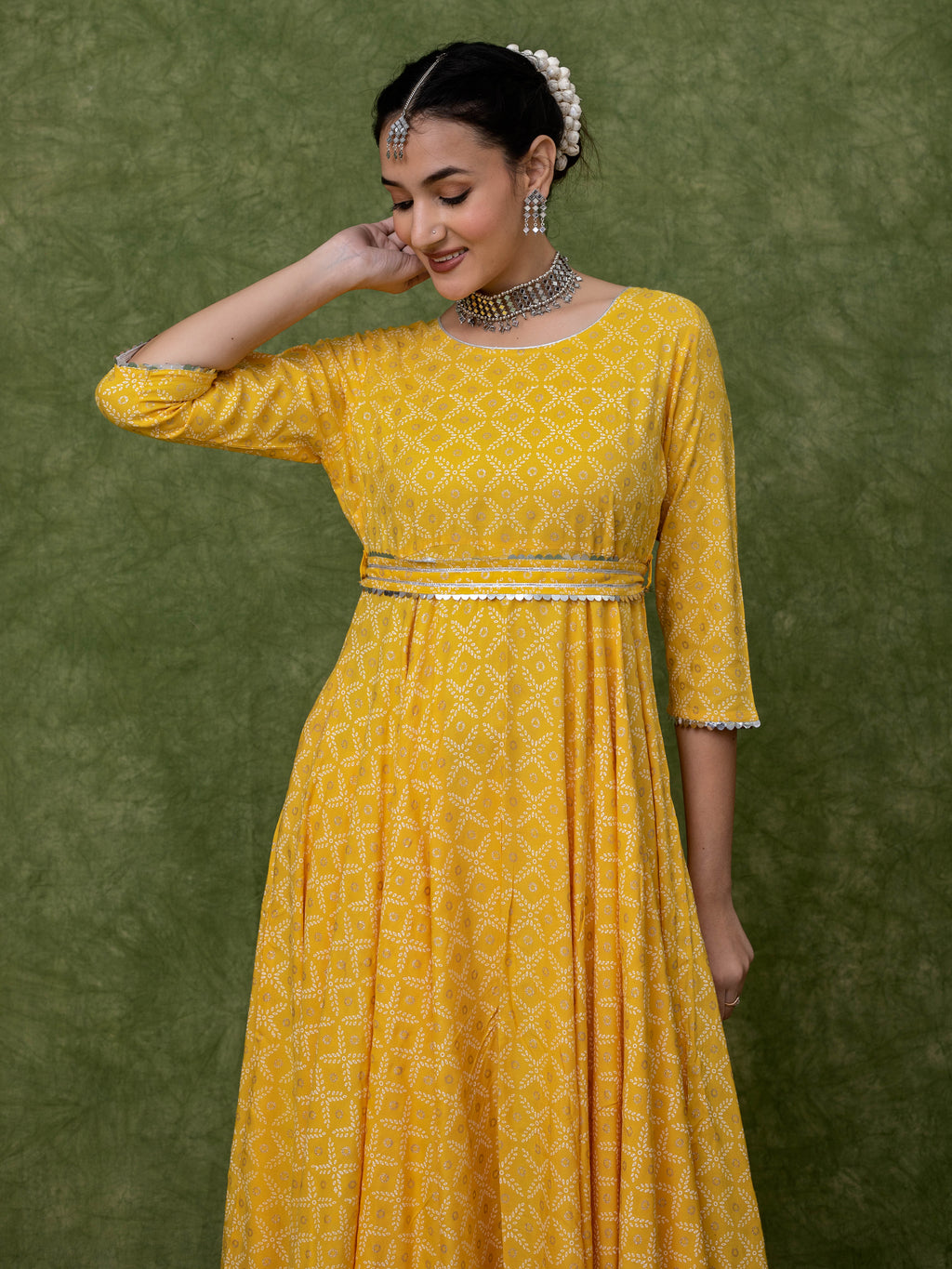 Yellow Silver Printed Anarkali Kurta Sets for women with Belt and Narrow Pant