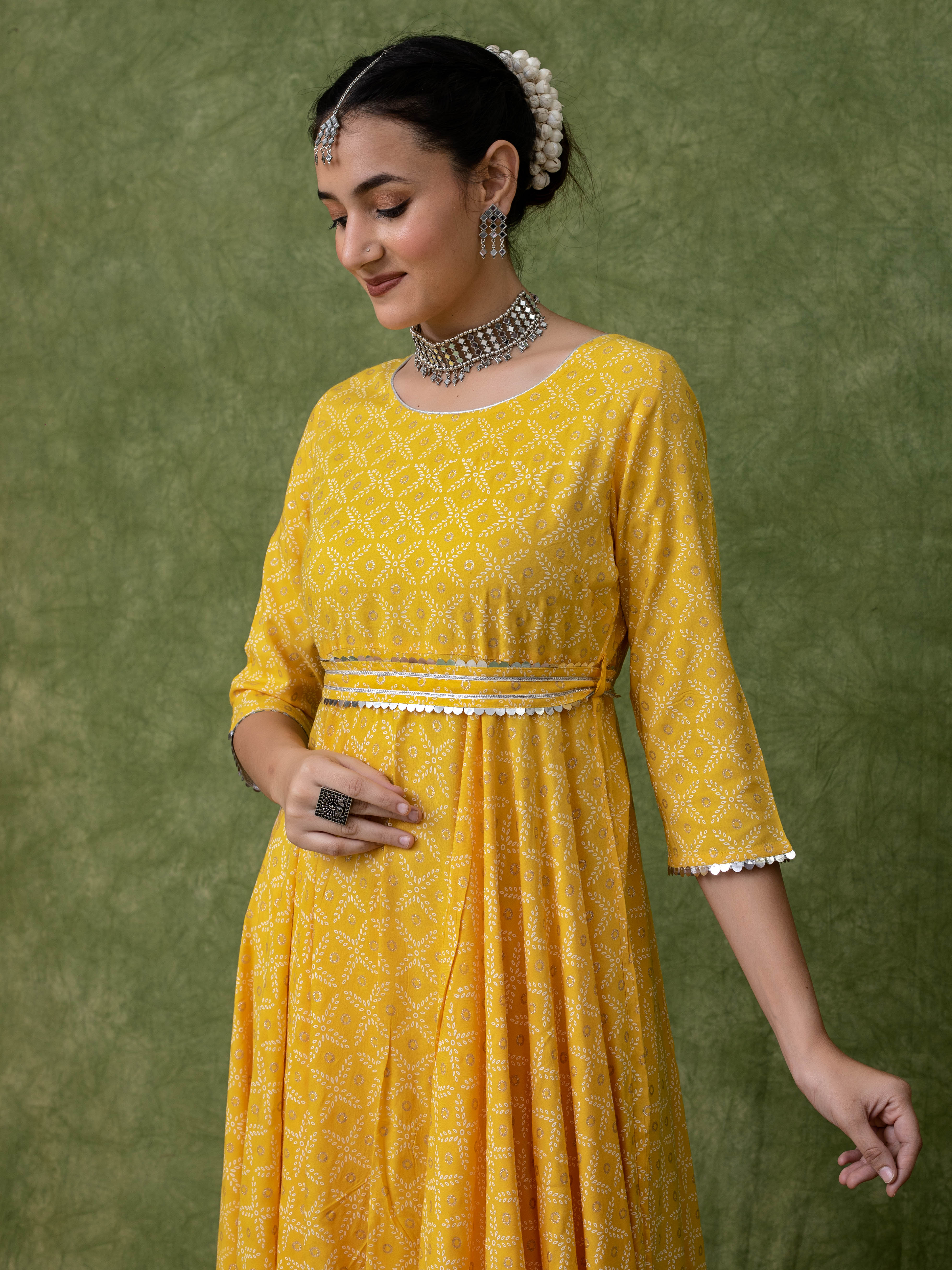 Yellow Silver Printed Anarkali Kurta Sets for women with Belt and Narrow Pant