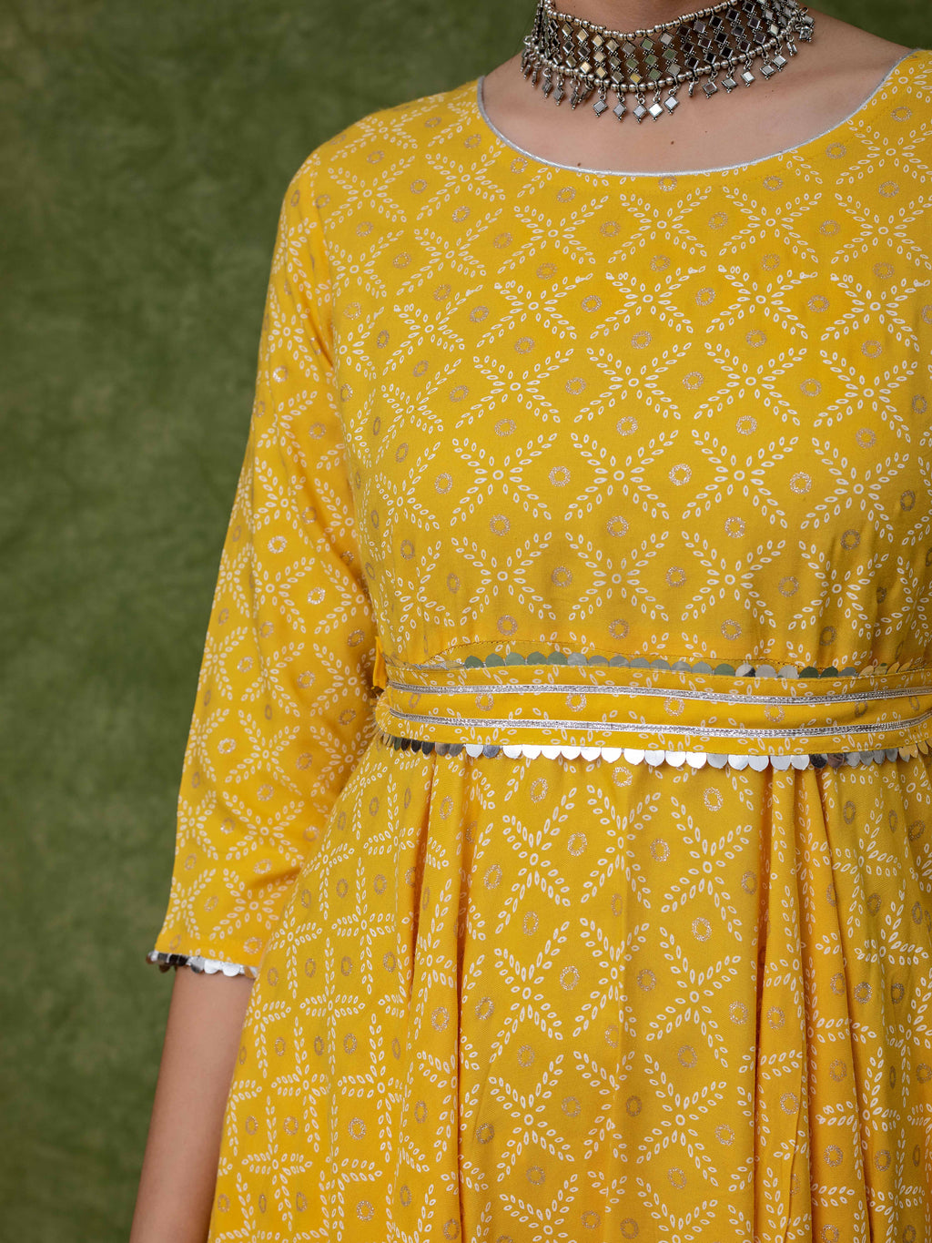 Yellow Silver Printed Anarkali Kurta Sets for women with Belt and Narrow Pant