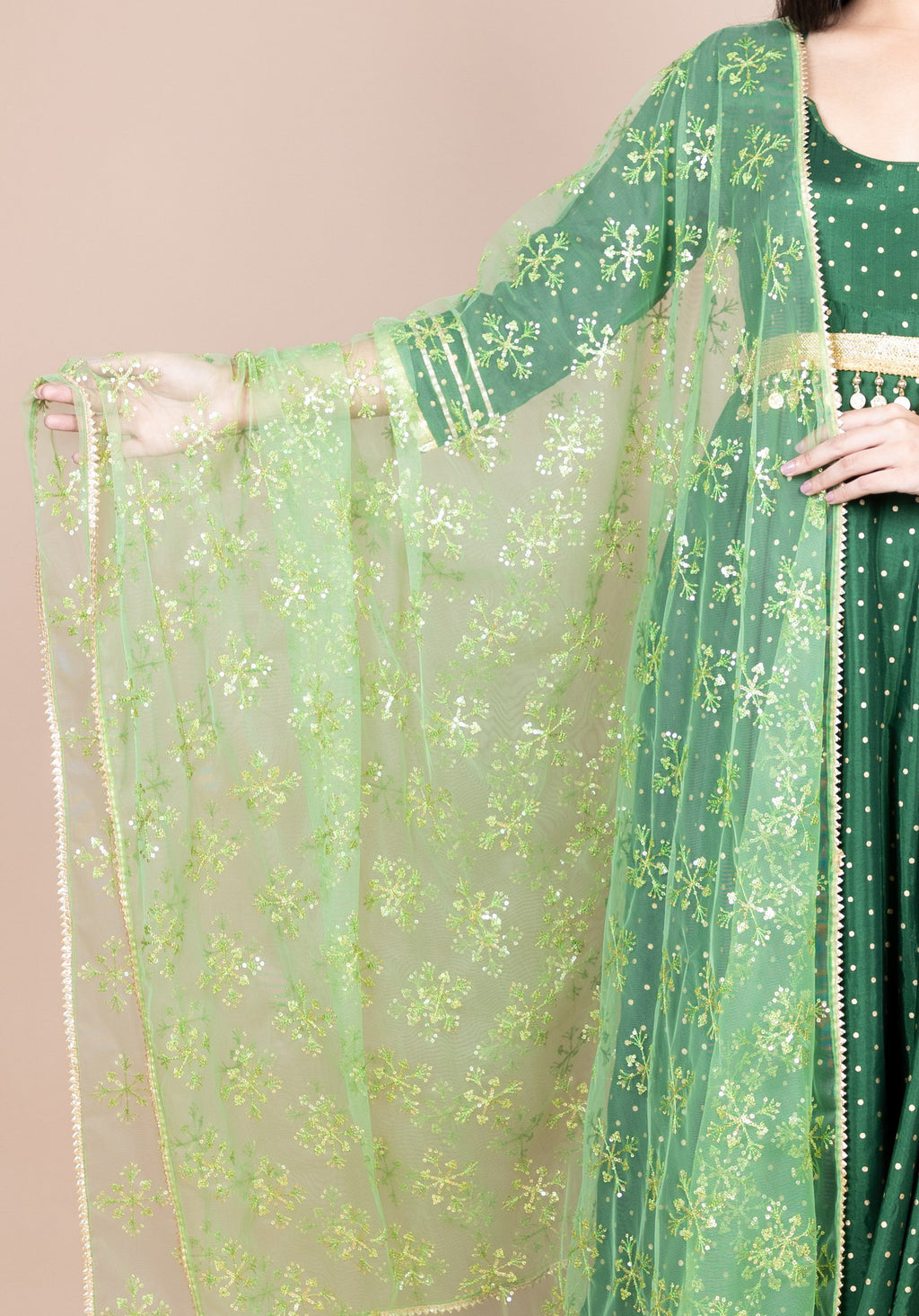 Green Ethnic Motifs Embroidered Gotta Patti Dupatta