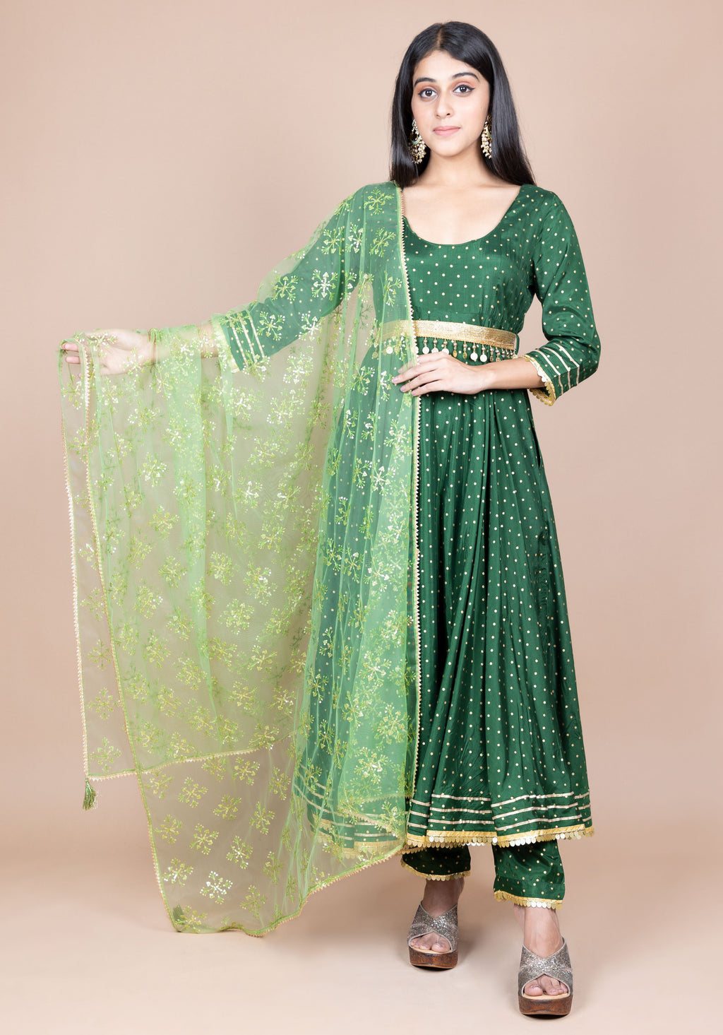 Green Ethnic Motifs Embroidered Gotta Patti Dupatta