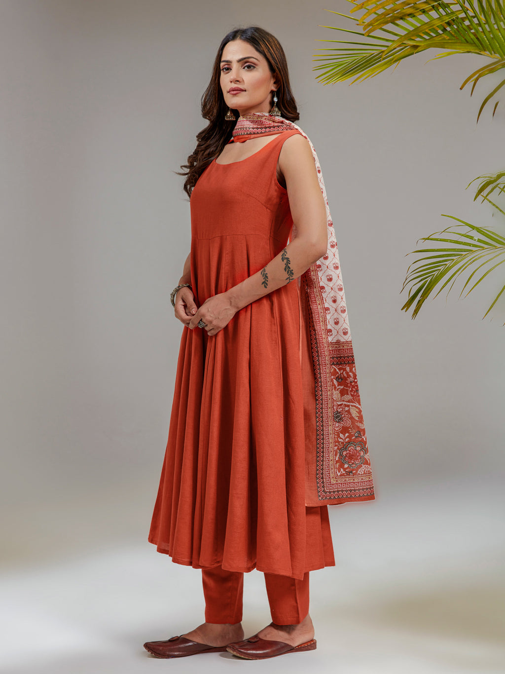 Rust Viscose Solid Anarkali Set With Printed Chanderi Dupatta