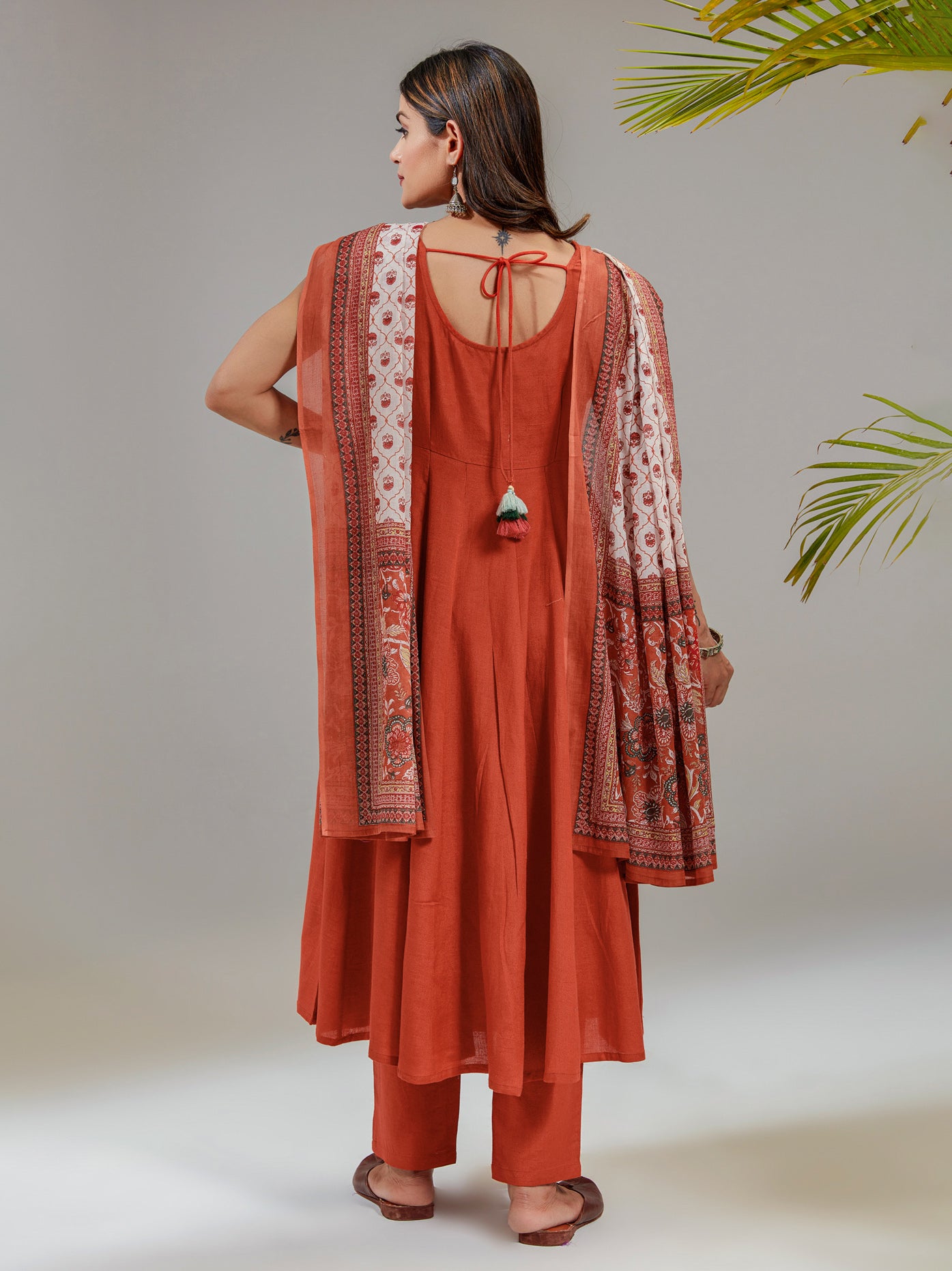 Rust Viscose Solid Anarkali Set With Printed Chanderi Dupatta