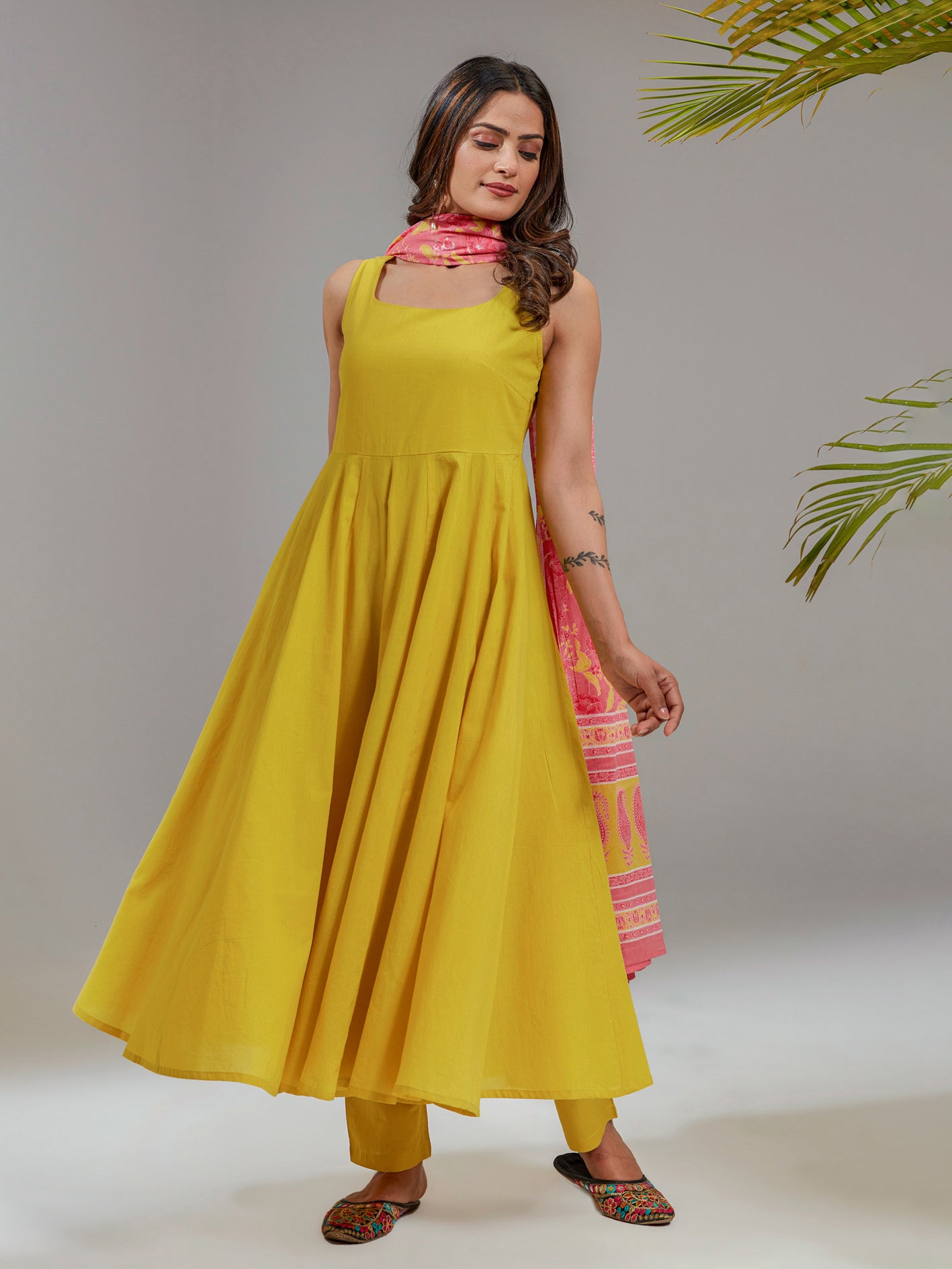 Pastel Yellow Cotton Flared Anarkali Set With Printed Dupatta