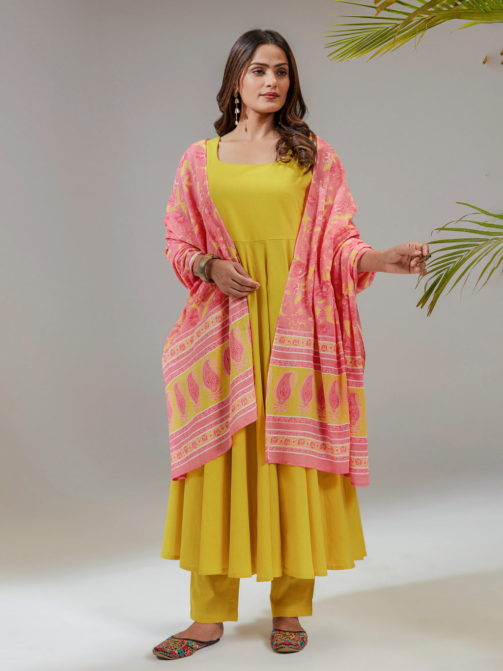 Pastel Yellow Cotton Flared Anarkali Set With Printed Dupatta