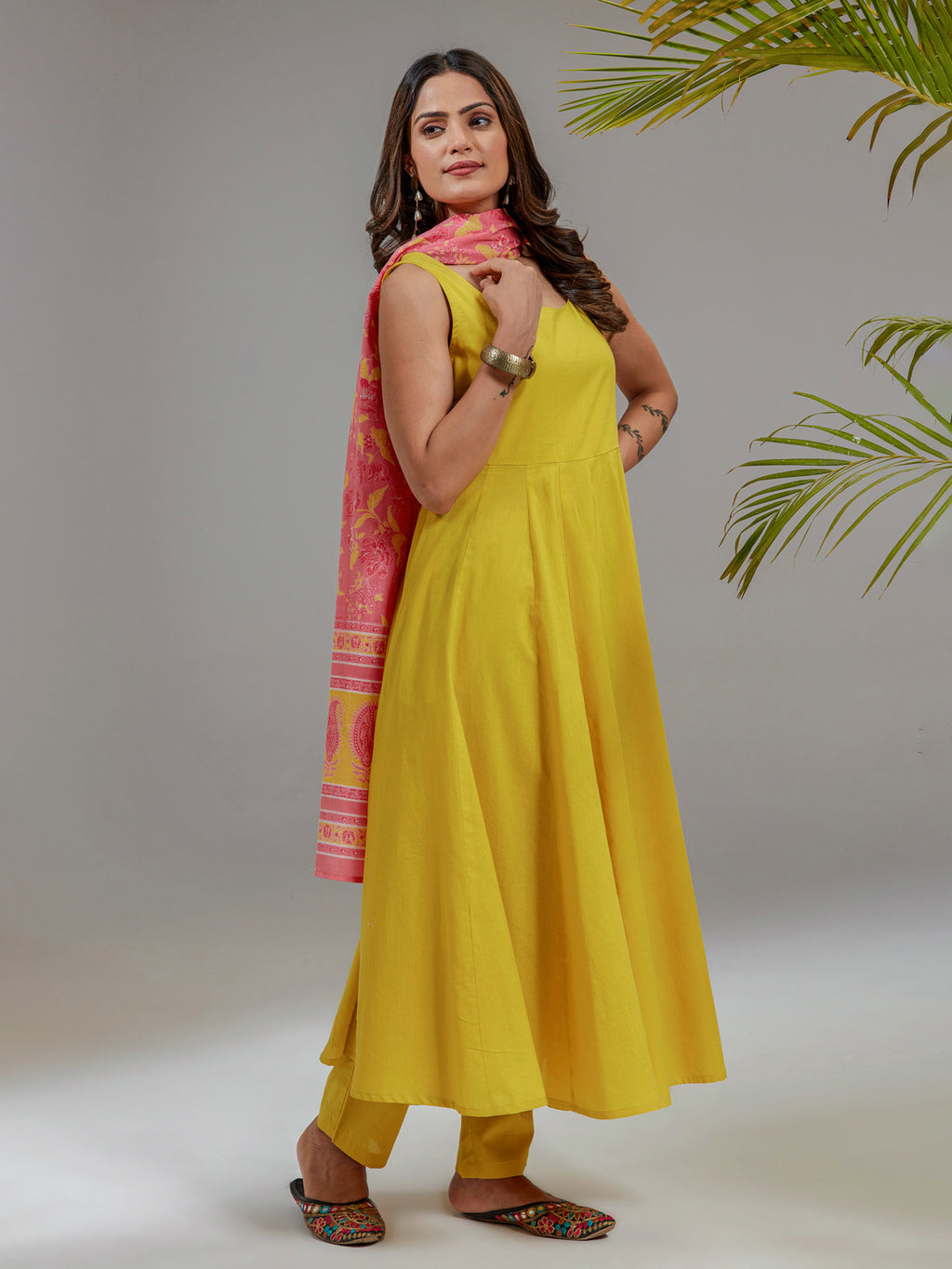 Pastel Yellow Cotton Flared Anarkali Set With Printed Dupatta