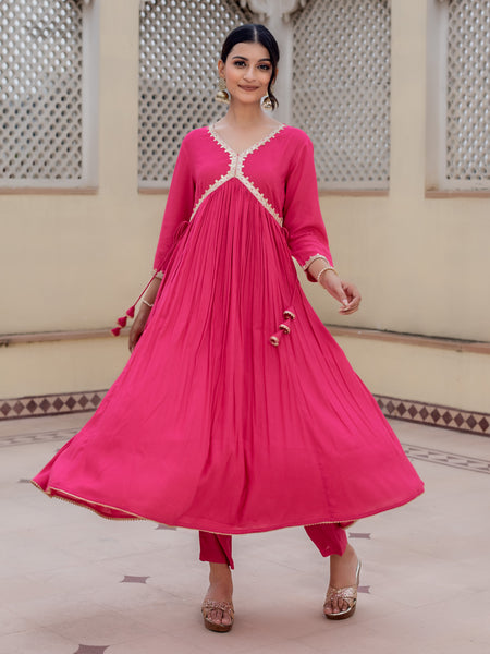 V-Neck Pink A-Line Kurta With Pant