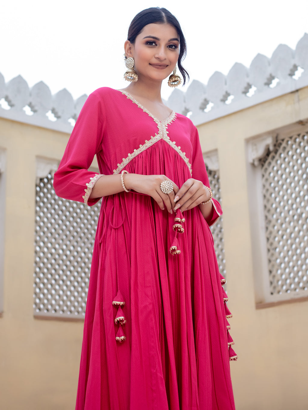 V-Neck Pink A-Line Kurta With Pant