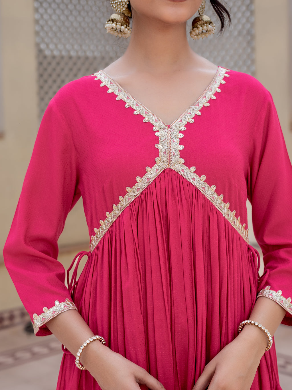 V-Neck Pink A-Line Kurta With Pant