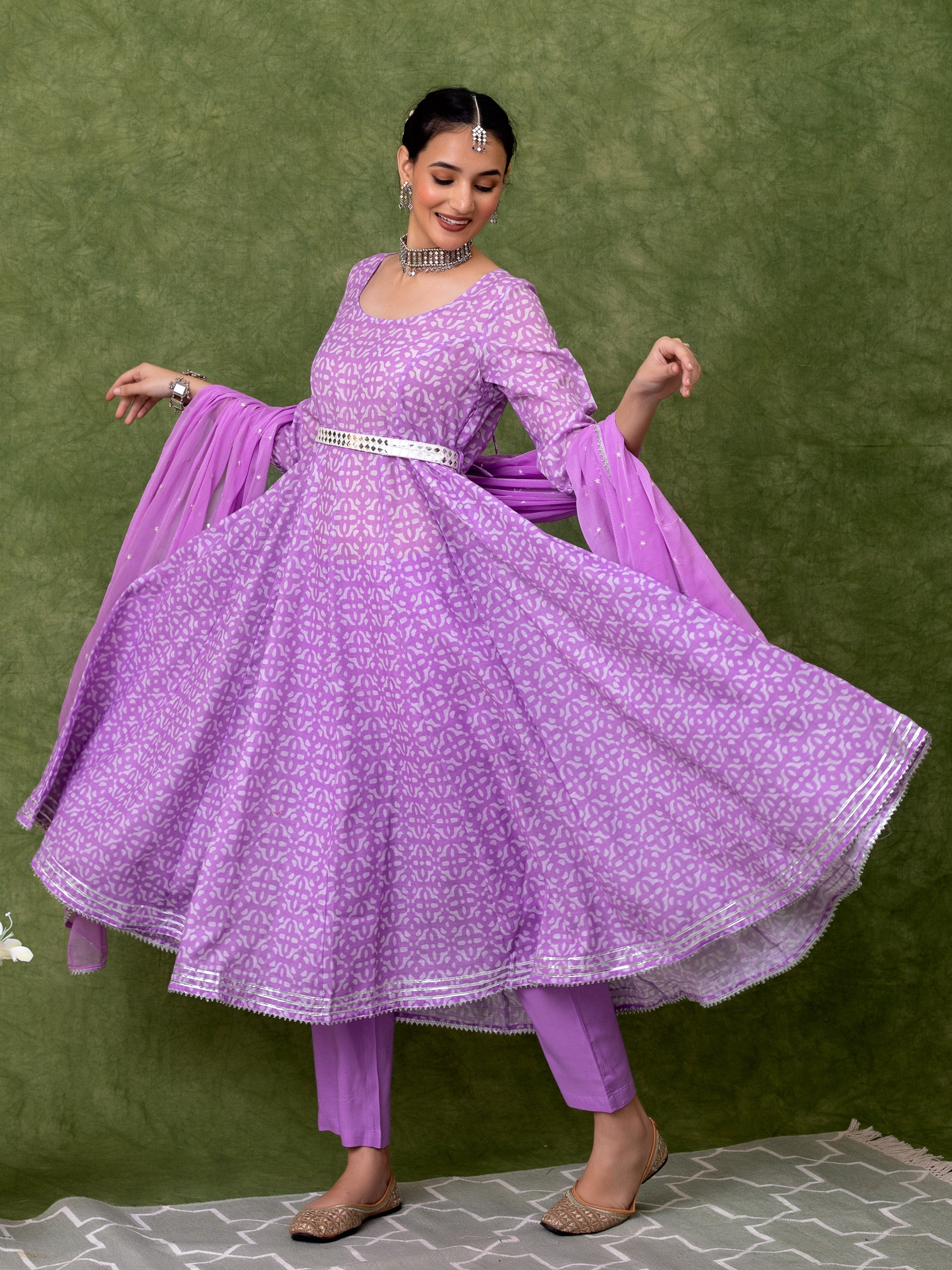 Printed Lavender Anarkali Kurta With Belt And Sequin Embroidered Dupatta and Pant