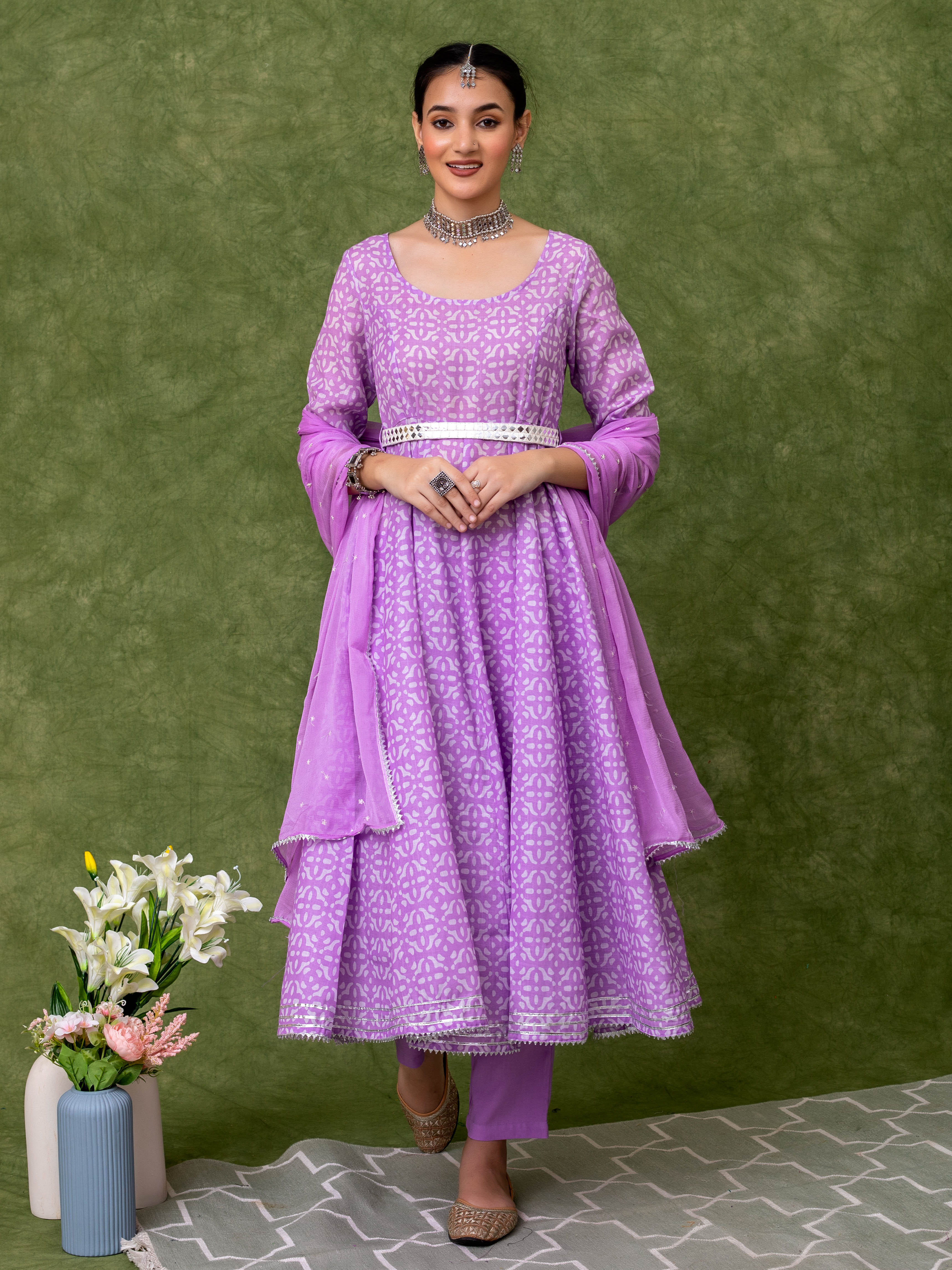 Printed Lavender Anarkali Kurta With Belt And Sequin Embroidered Dupatta and Pant