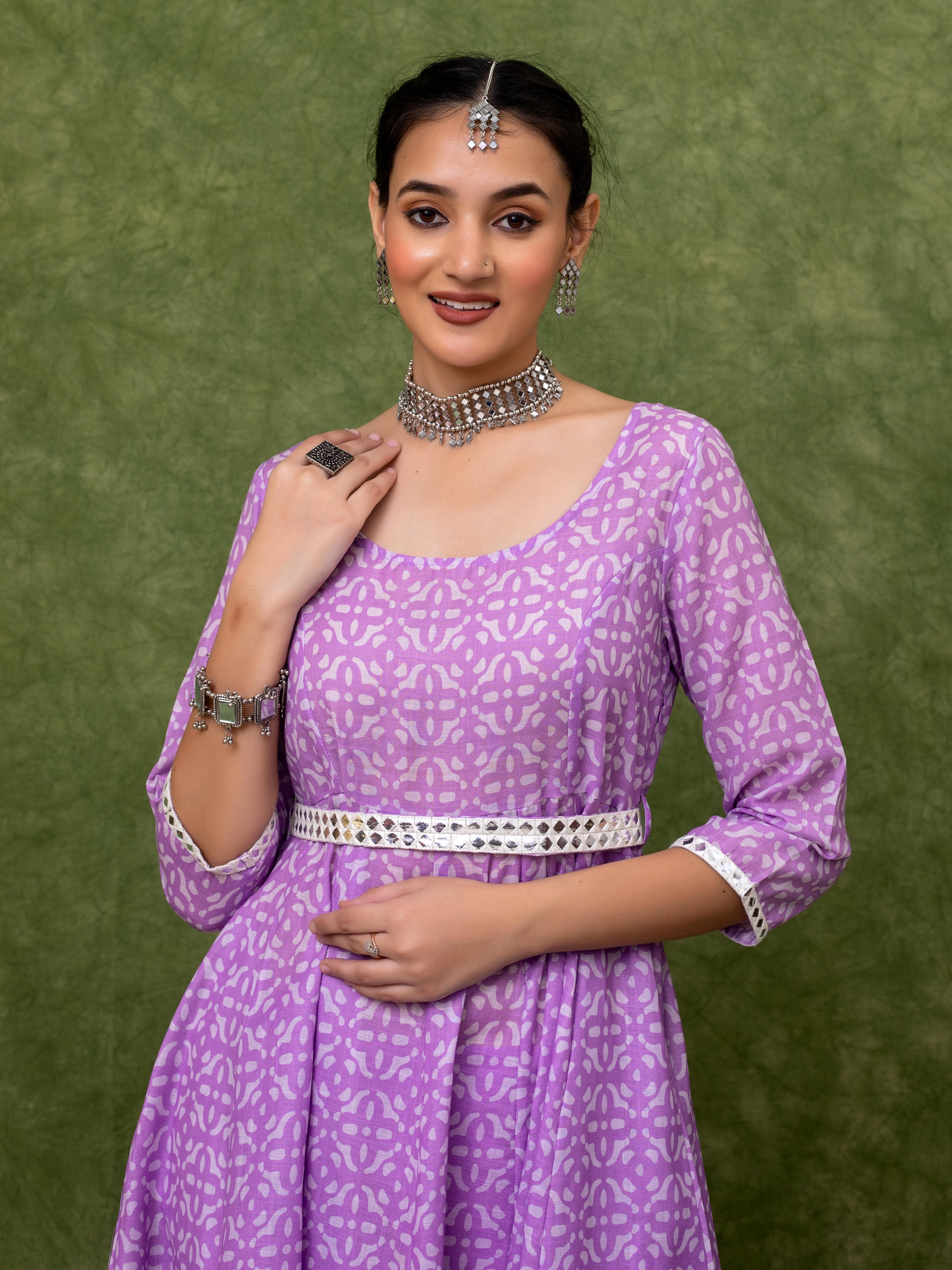 Printed Lavender Anarkali Kurta With Belt And Sequin Embroidered Dupatta and Pant
