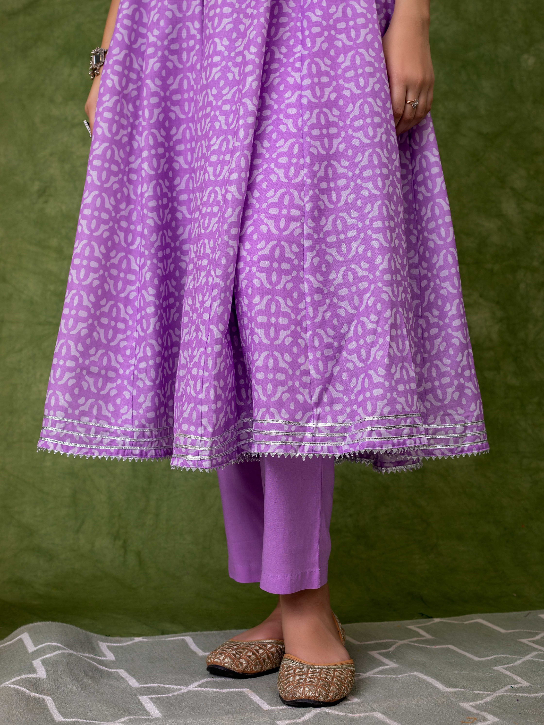 Printed Lavender Anarkali Kurta With Belt And Sequin Embroidered Dupatta and Pant