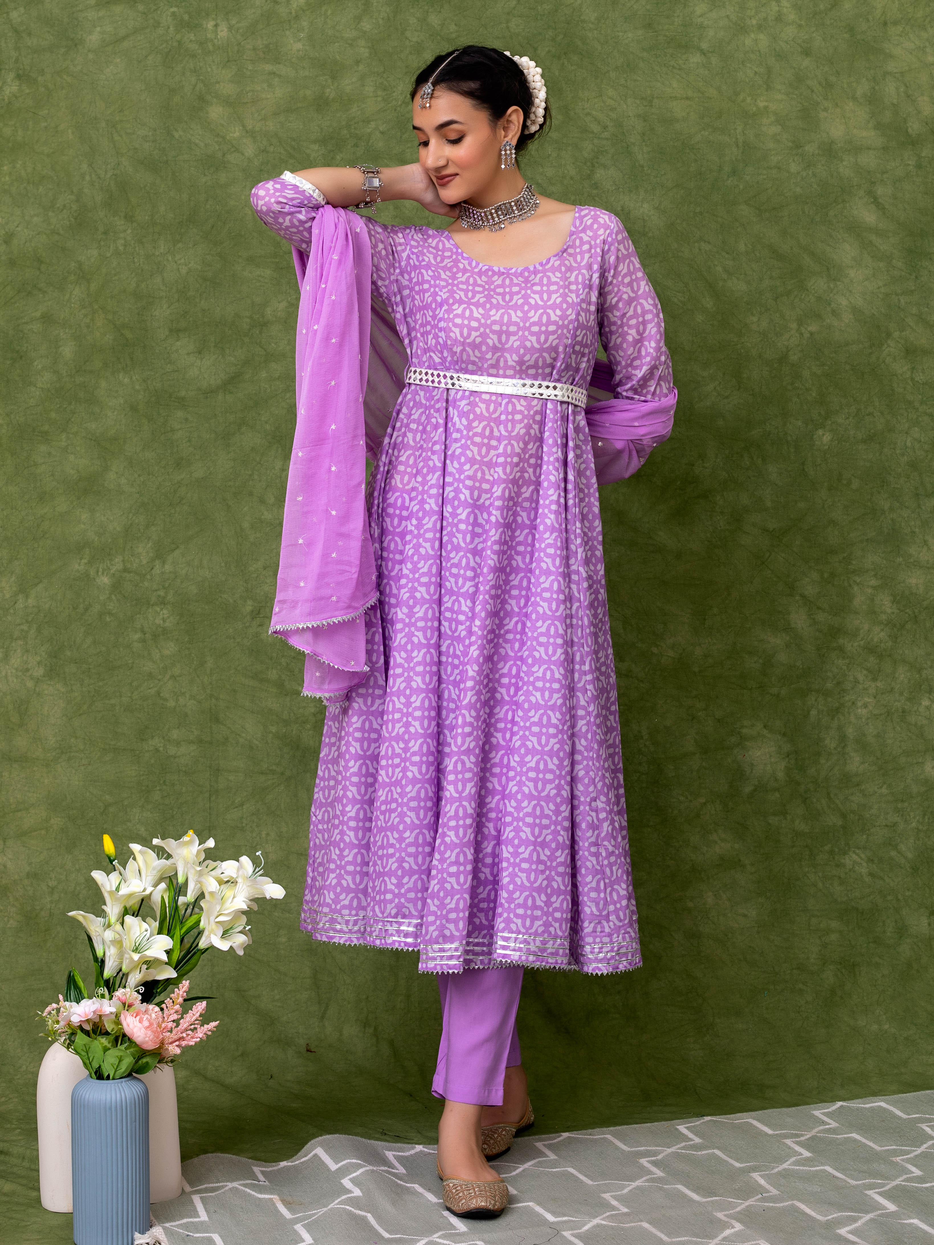Printed Lavender Anarkali Kurta With Belt And Sequin Embroidered Dupatta and Pant