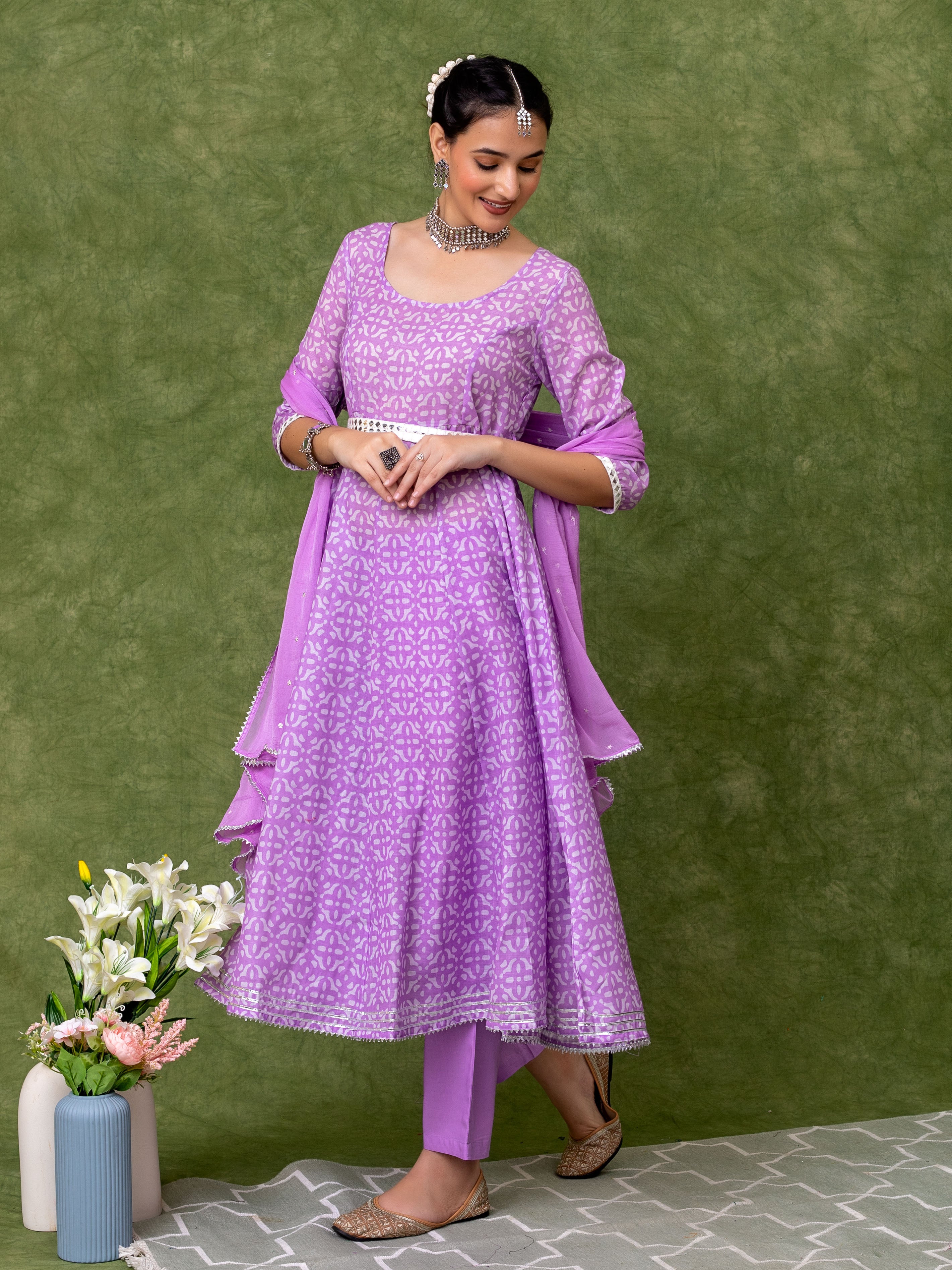 Printed Lavender Anarkali Kurta With Belt And Sequin Embroidered Dupatta and Pant