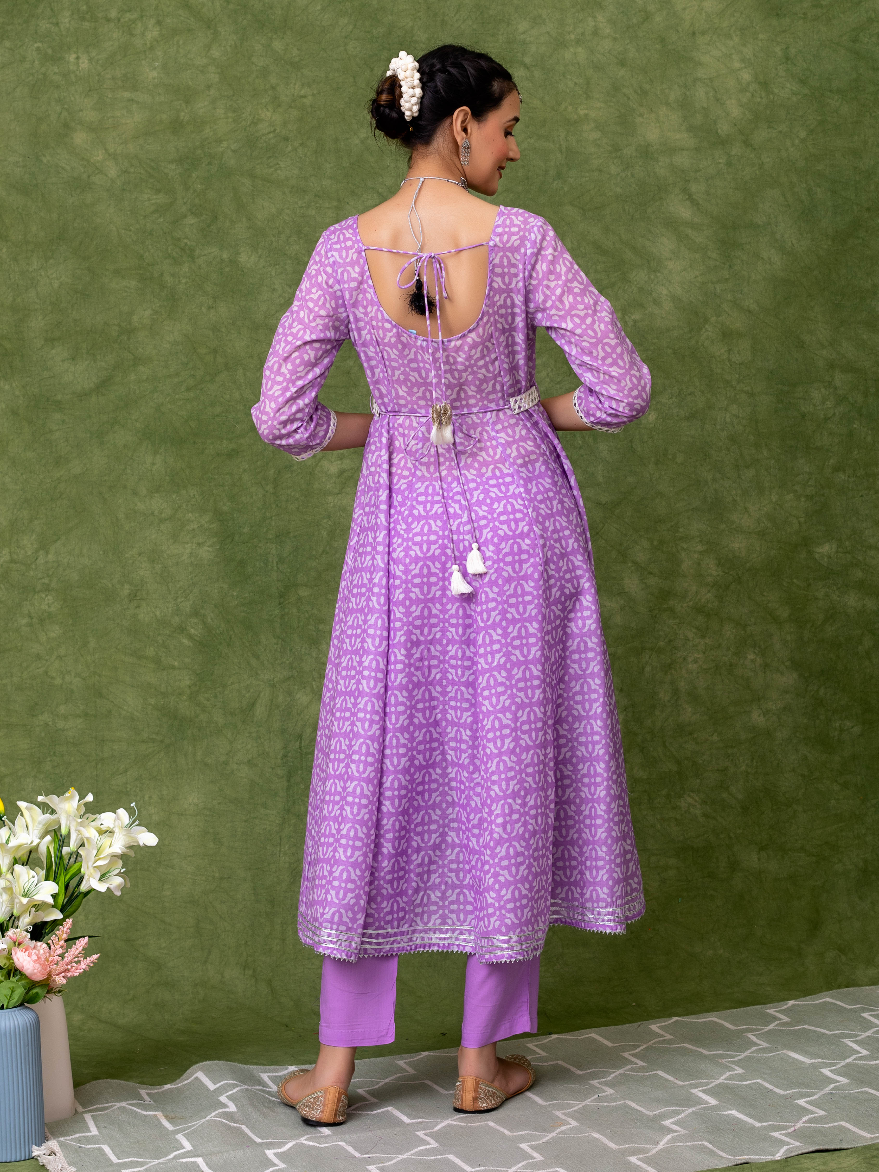 Printed Lavender Anarkali Kurta With Belt And Sequin Embroidered Dupatta and Pant