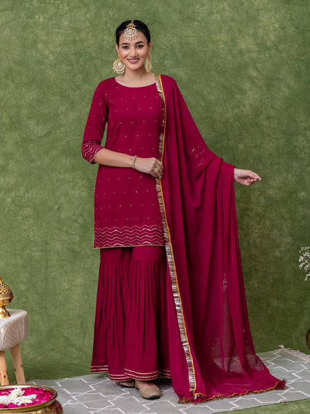 Sequin Embroidered Maroon Kurta with Sharara and Dupatta (Set of 3)