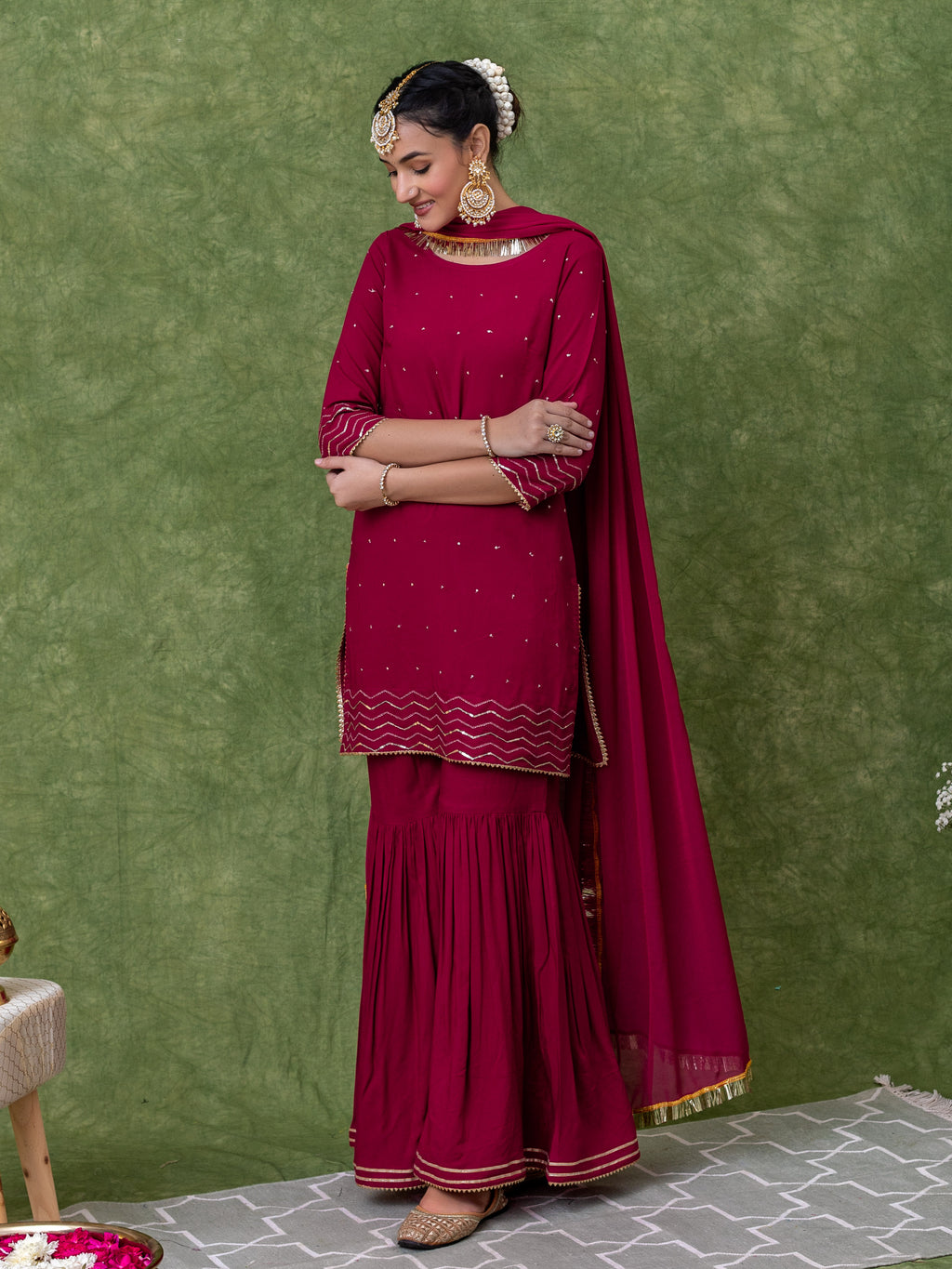 Sequin Embroidered Maroon Kurta with Sharara and Dupatta (Set of 3)