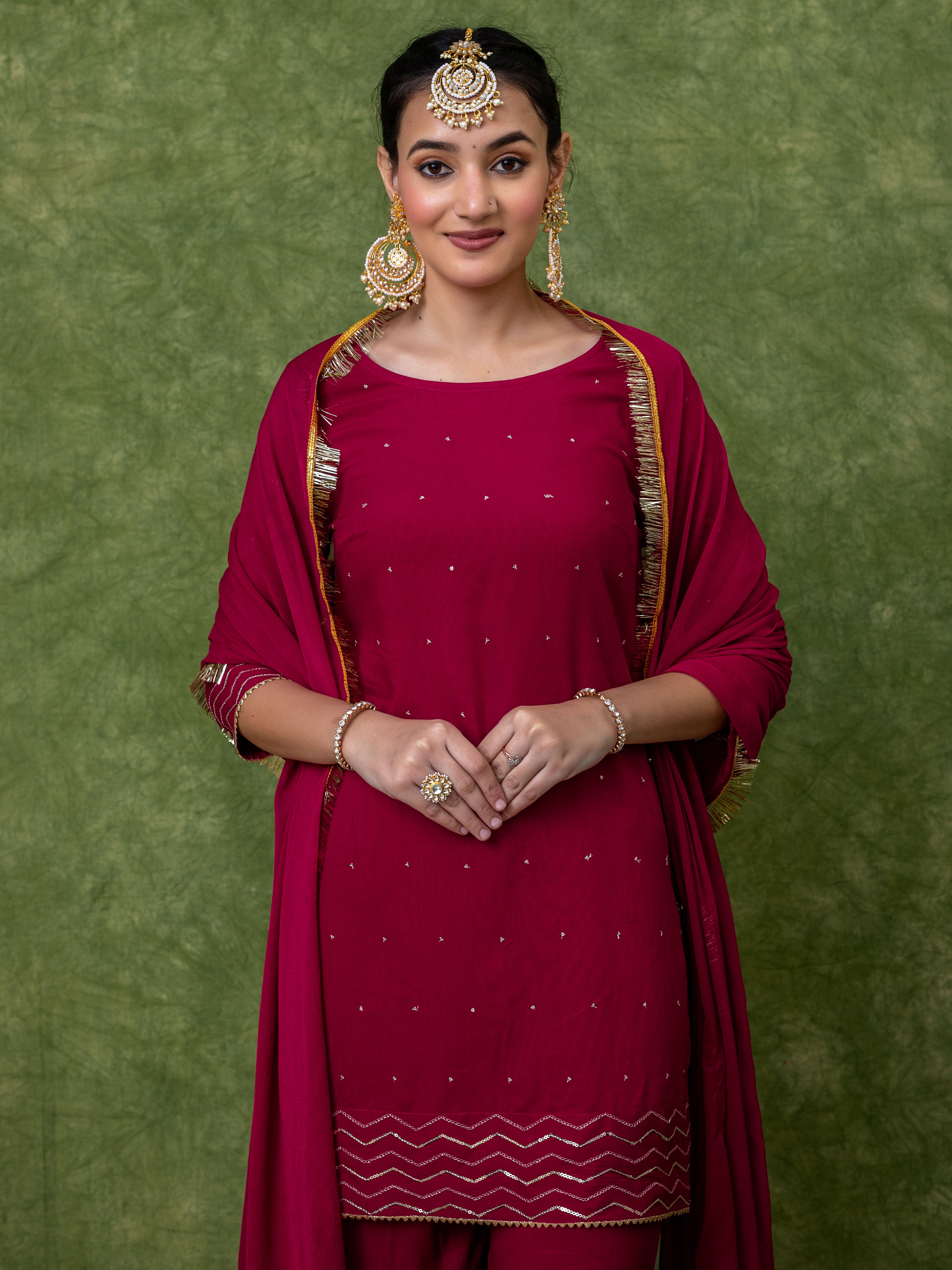 Sequin Embroidered Maroon Kurta with Sharara and Dupatta (Set of 3)