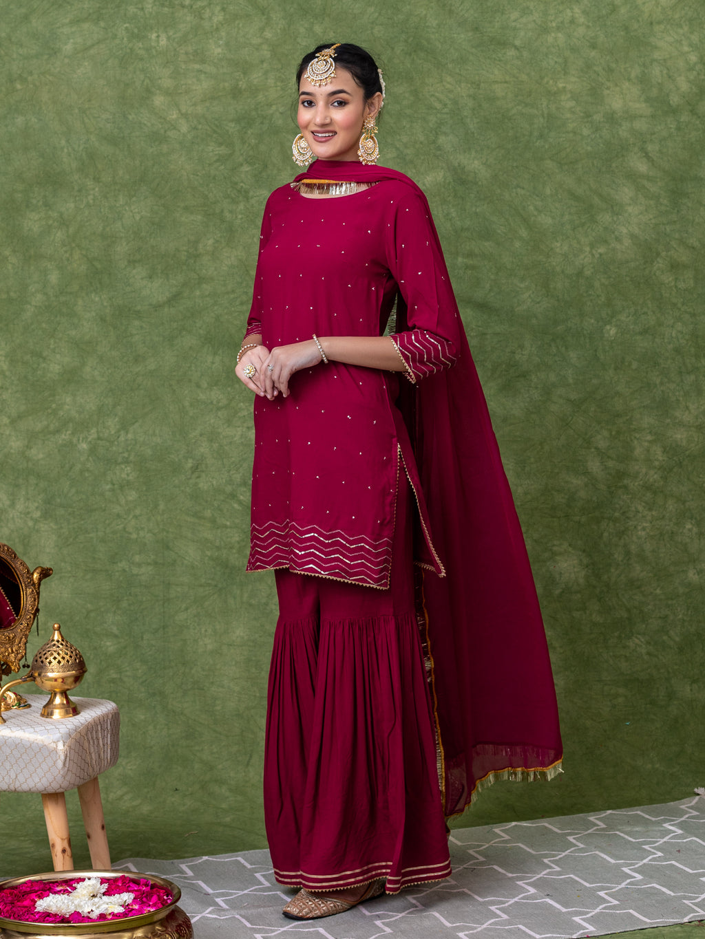 Sequin Embroidered Maroon Kurta with Sharara and Dupatta (Set of 3)